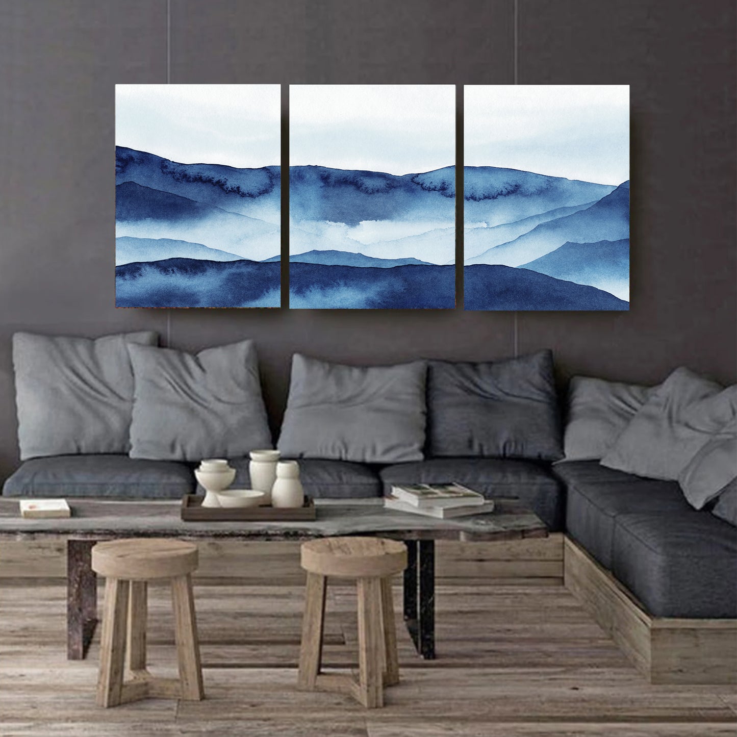 Triptyque de montagnes en bleu marine | Ensemble d'art mural de montagnes à l'aquarelle