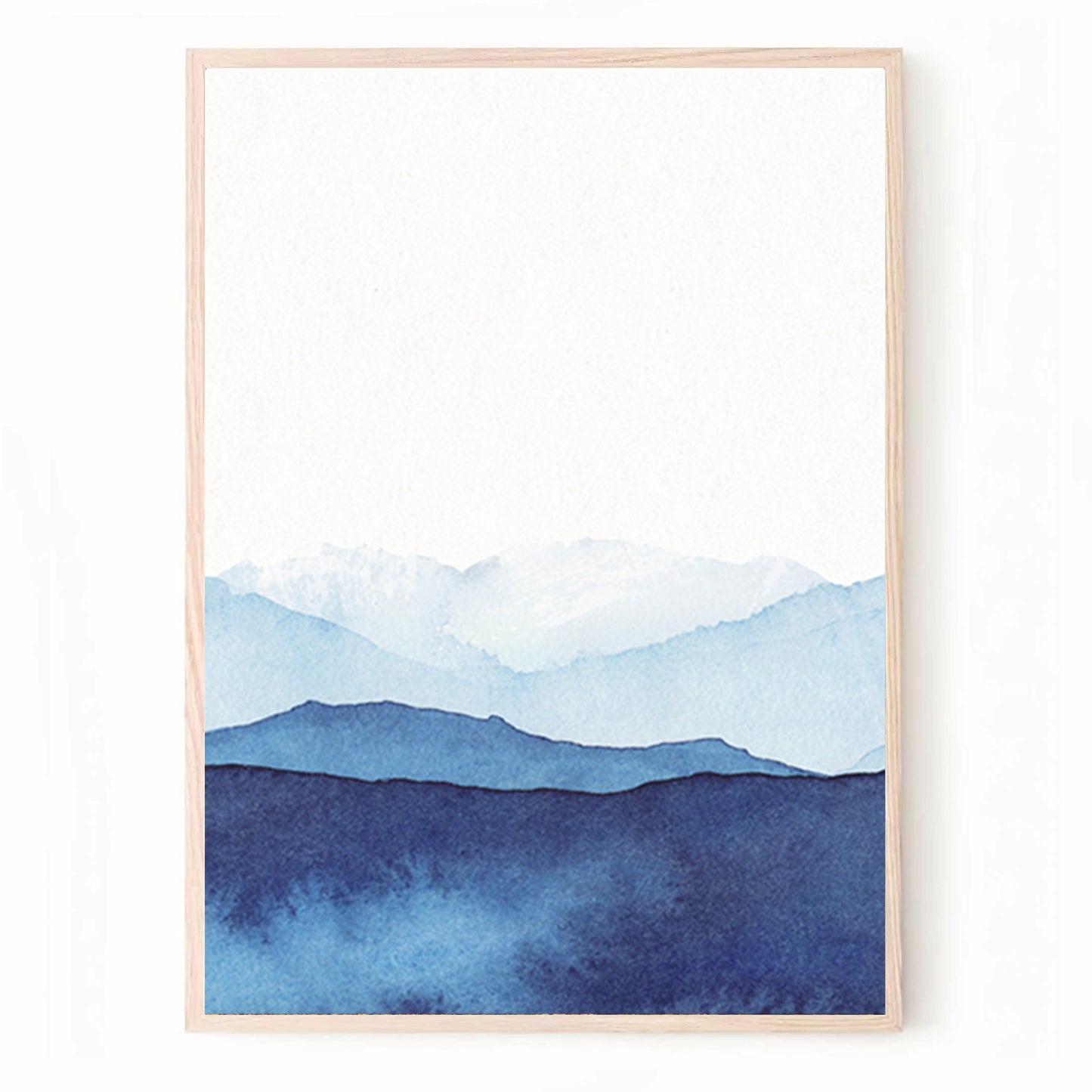 Aquarelle abstraite représentant un paysage de montagne bleu | Art bleu marine