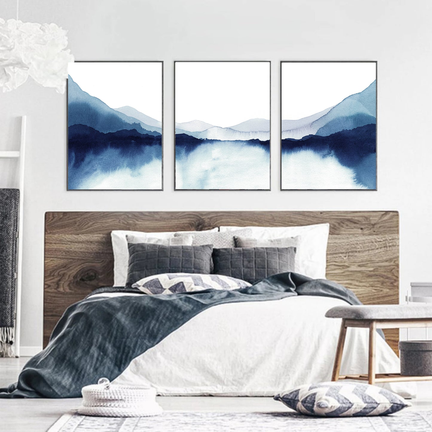 Bergsee Triptychon Kunst in Blau | Abstraktes Aquarell Wandkunst Set