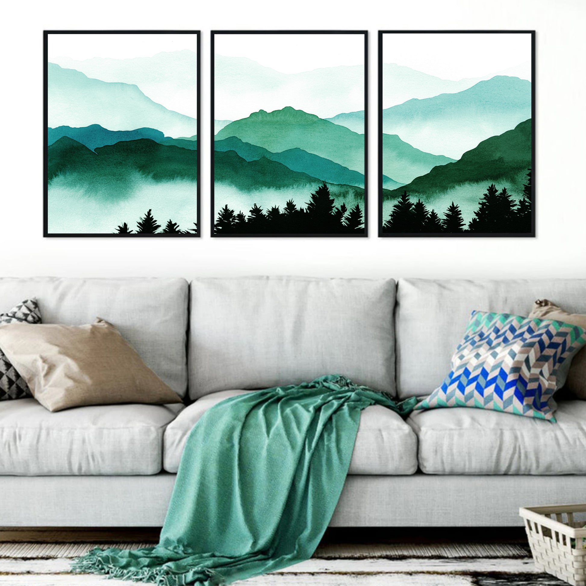 Green mountains set in black color frames.