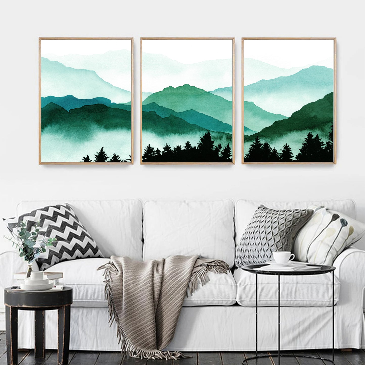 Emerald green wall art set in wood color frames.