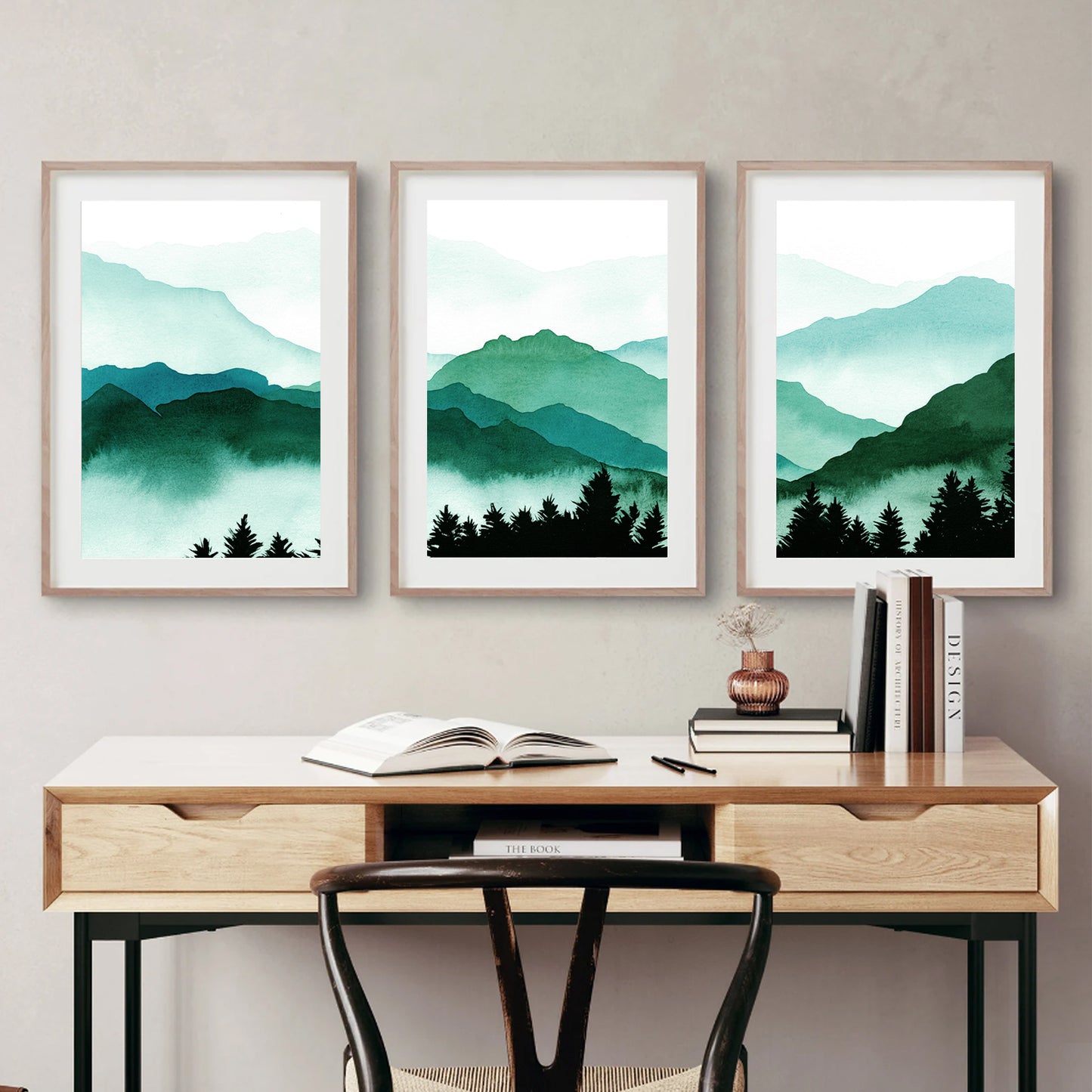 Emerald Green Mountain Triptych | Watercolor Mountain Landscape Set