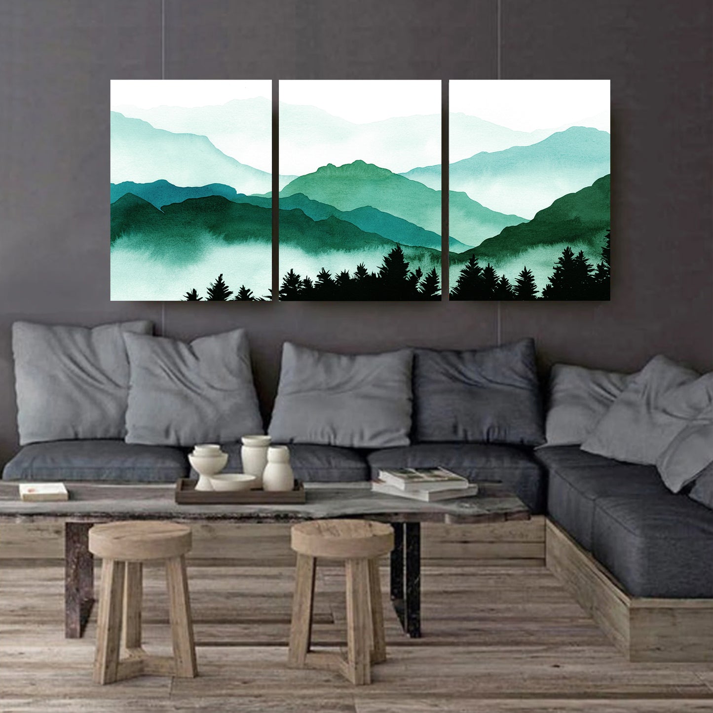 3 piece canvas art on dark wall.