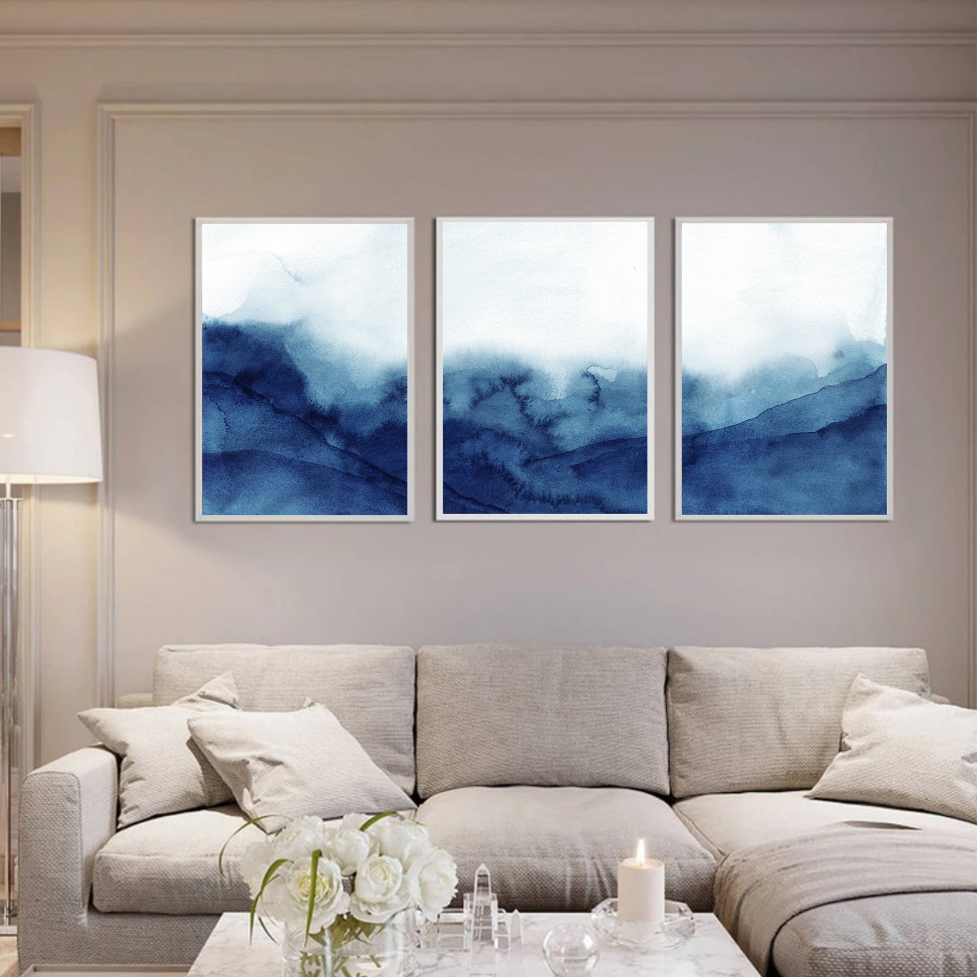 Rolling ocean wave triptych in white color frames.