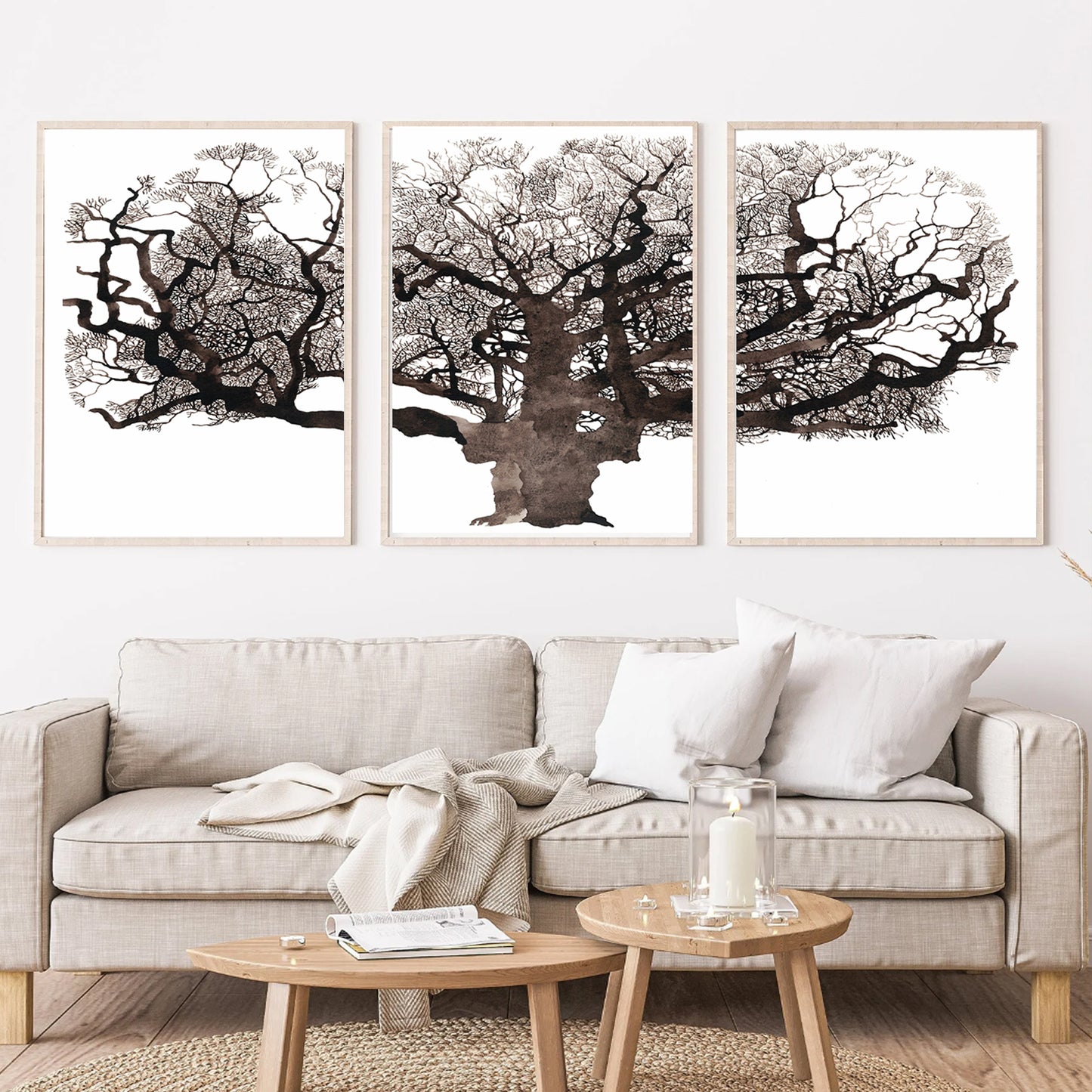 Mighty oak tree wall art above the sofa.