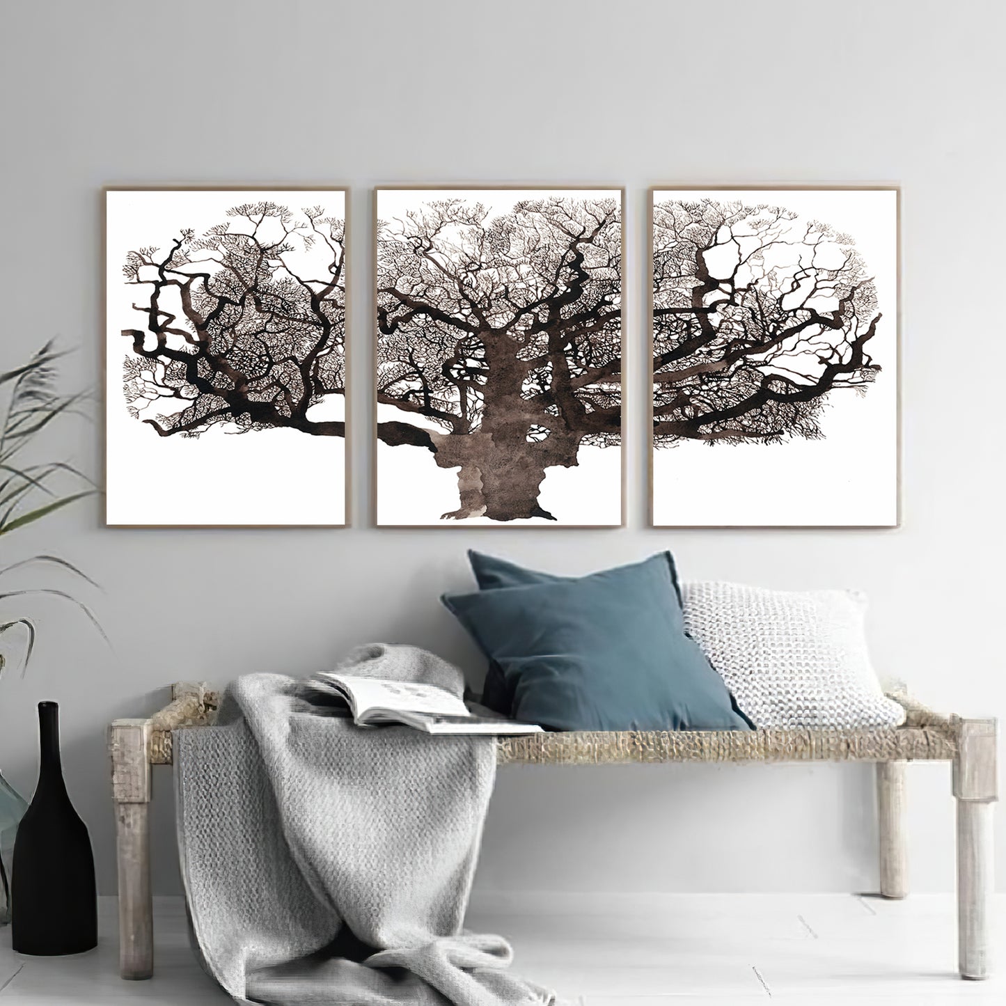 Oak tree wall art in Scandinavian style room.