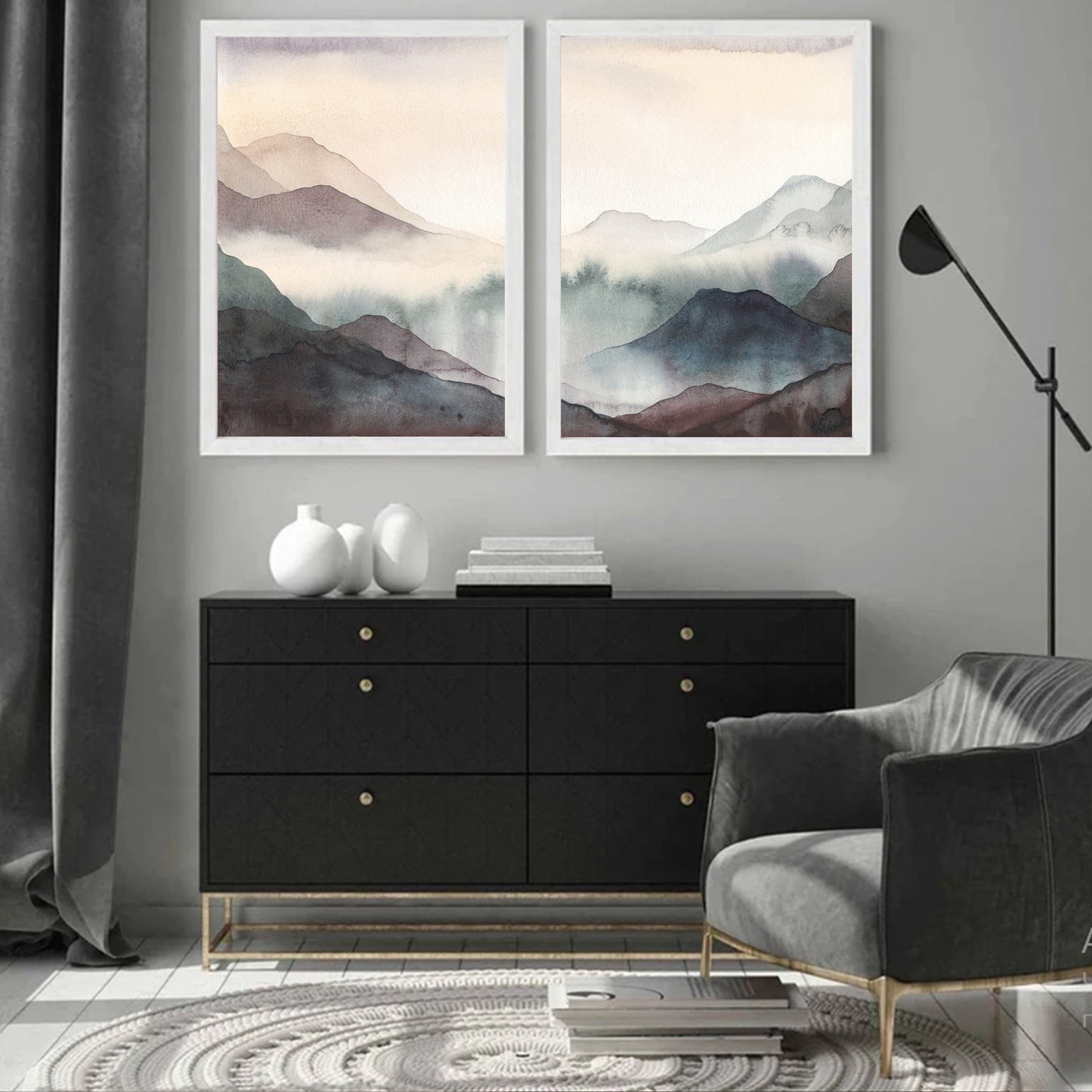 Impression Foggy Mountains | Ensemble d'art mural tendance à l'aquarelle avec des montagnes