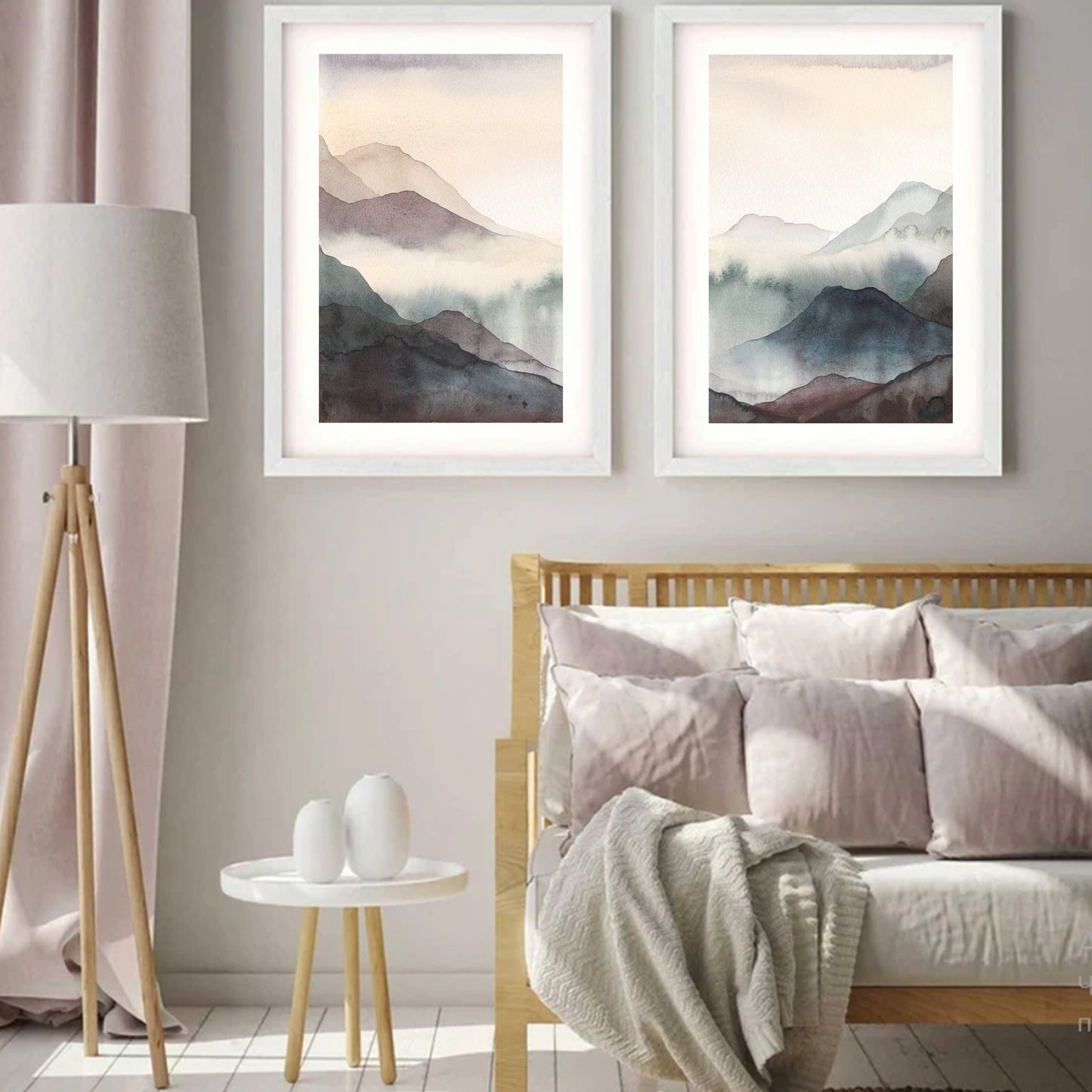 Impression Foggy Mountains | Ensemble d'art mural tendance à l'aquarelle avec des montagnes