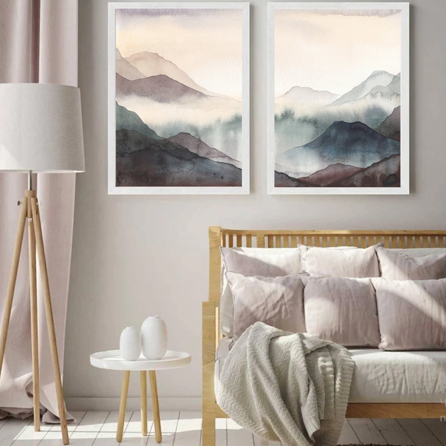 Mountain watercolor 2 piece set in white color frames.