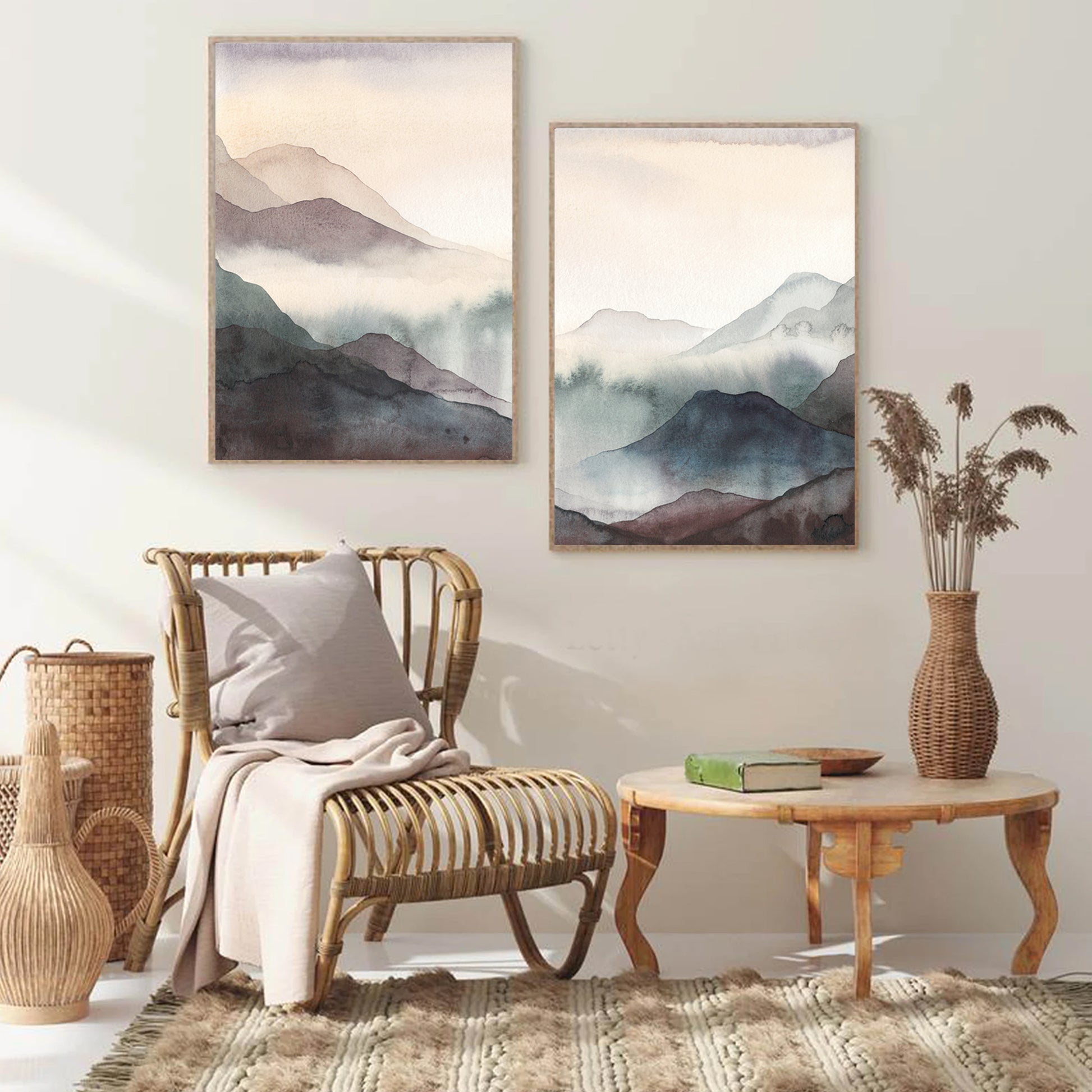 Mountain watercolor 2 piece set in the interior in beige tones.