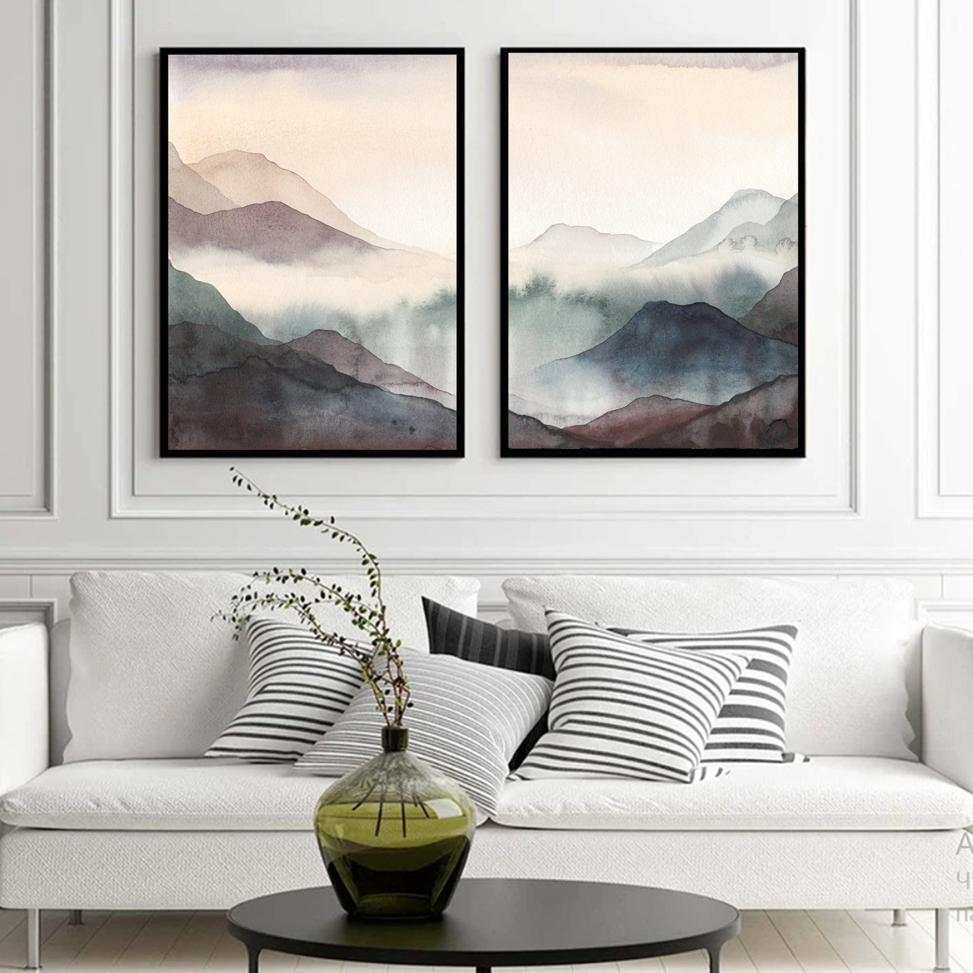 Mountain watercolor 2 piece set in black color frames.