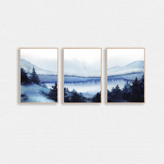 Watercolor wall art with winter landscape.