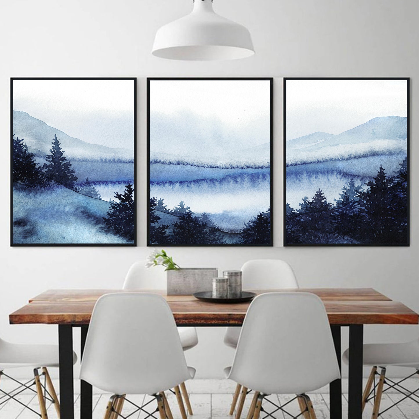 Snowy forest triptych in black color frames.