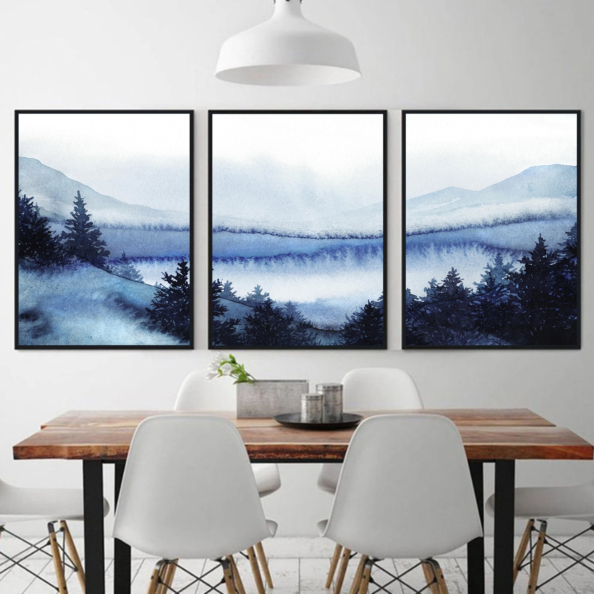 Snowy forest triptych in black color frames.