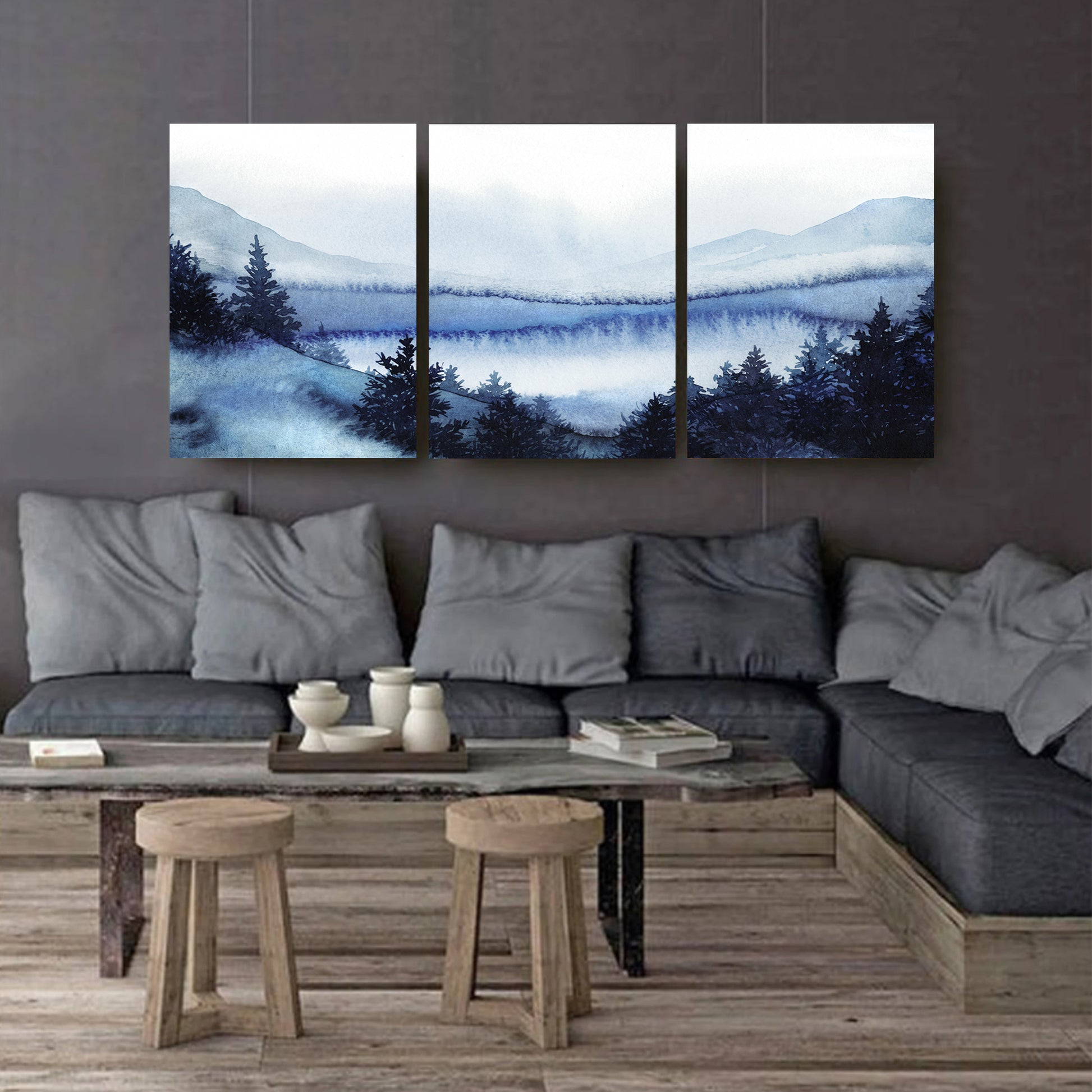 Snowy forest 3 panel canvas on dark wall.