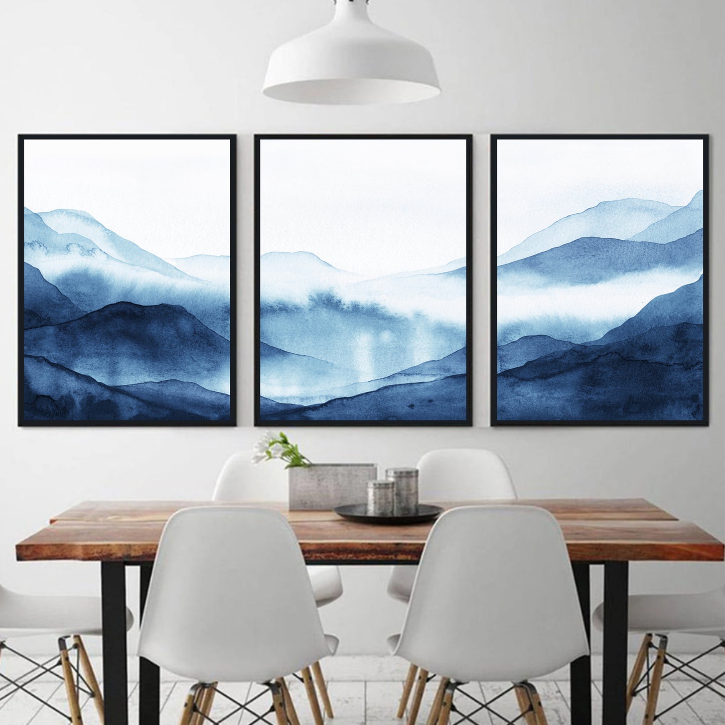 Dark blue watercolor art in black color frames.