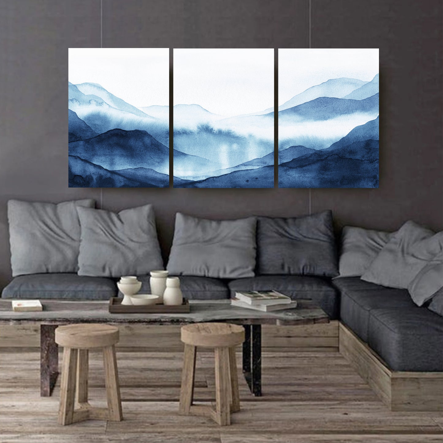 Dark blue watercolor stretched canvas art.