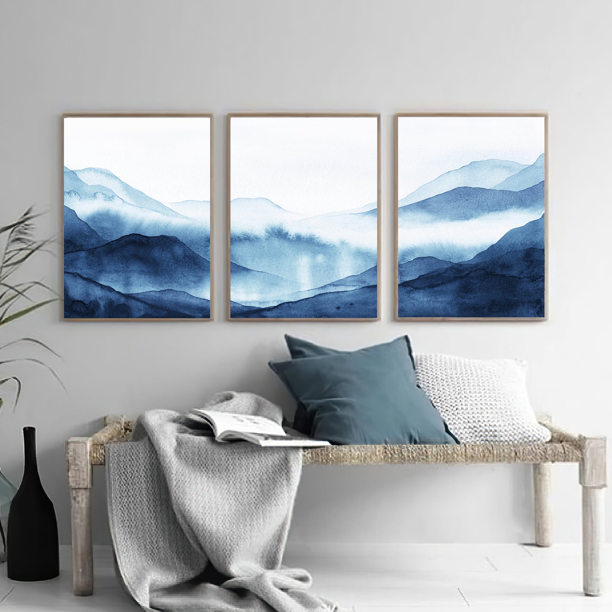 Blue mountains in fog watercolor triptych.