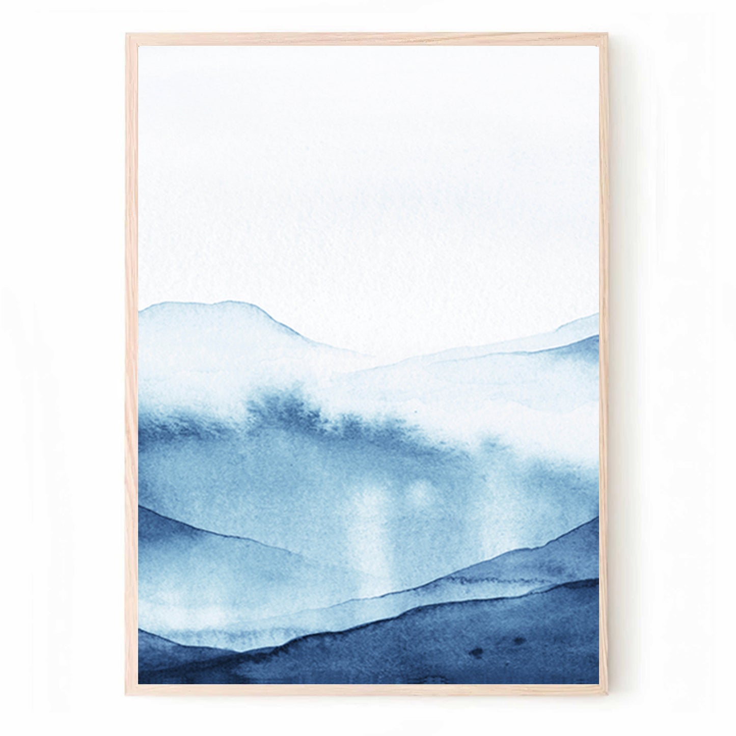 Dark Blue Watercolor Triptych Art Set with Abstract Mountain Landscape