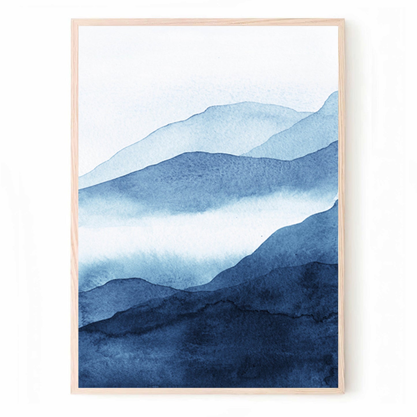 Dark Blue Watercolor Triptych Art Set with Abstract Mountain Landscape