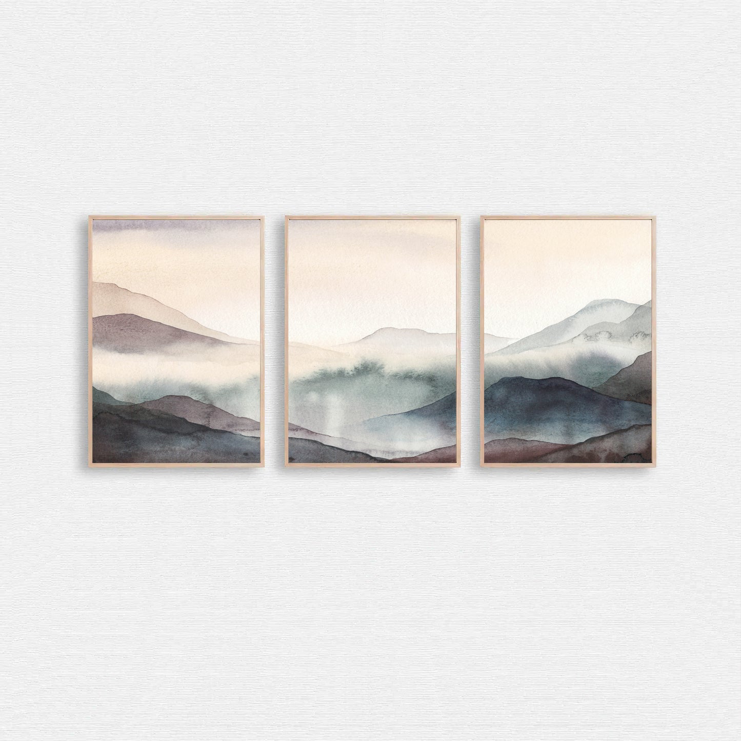 Trendy watercolor art set with mountains in pastel colors.