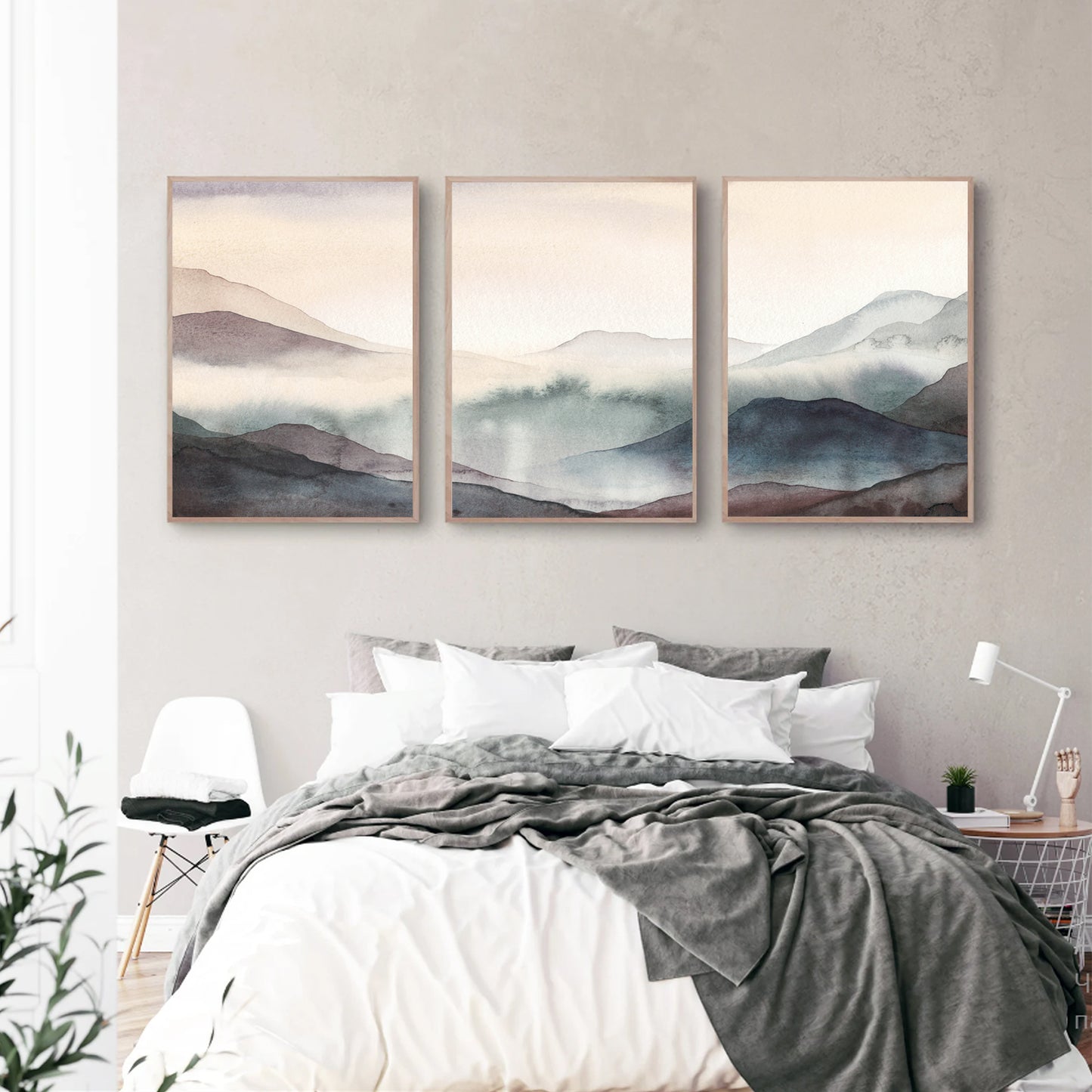 Trendy watercolor art set in bedroom.