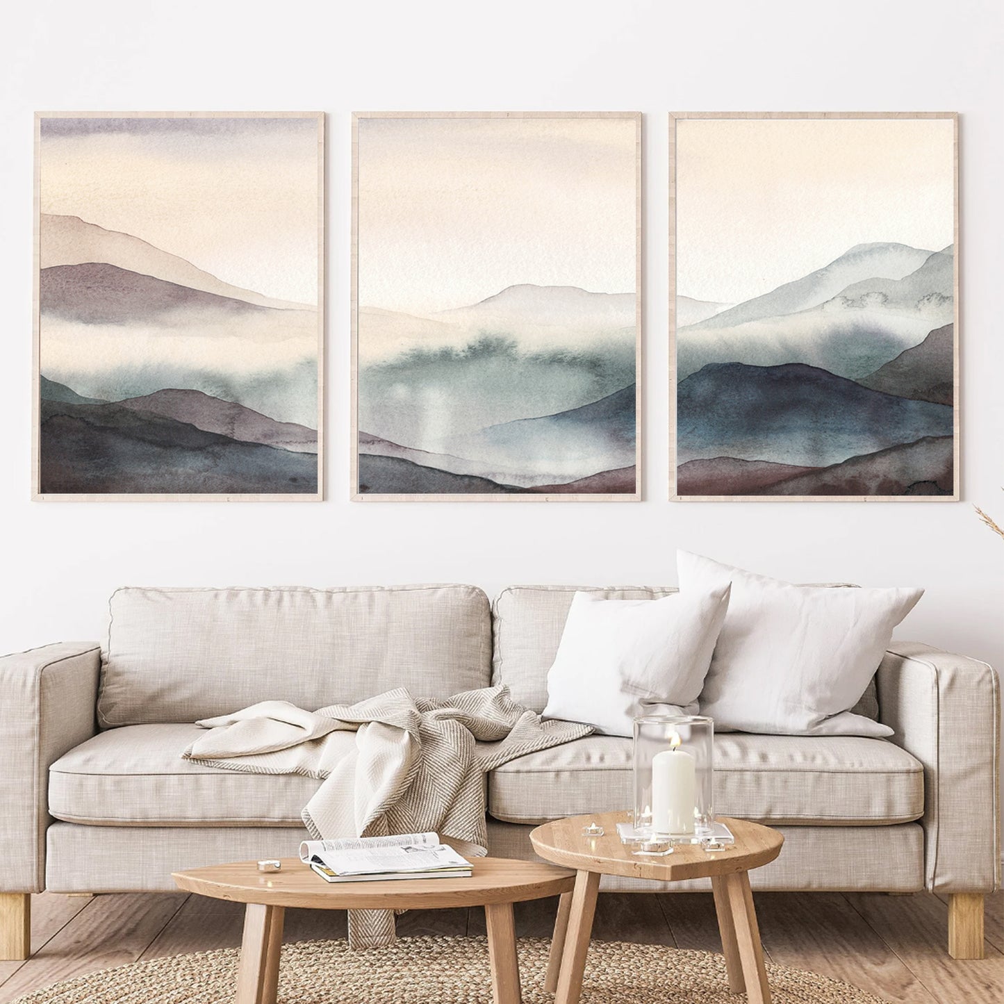 Trendy watercolor art set above the sofa.