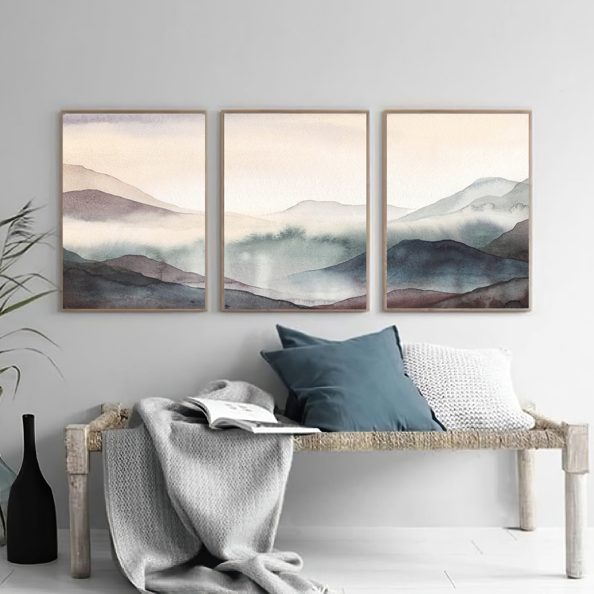 Trendy watercolor art set in Scandinavian style room.