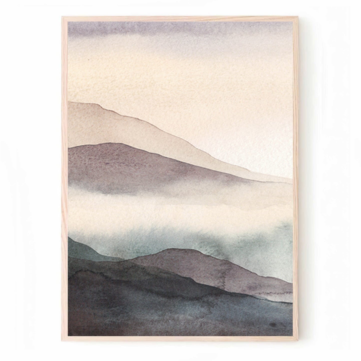 Trendy Watercolor Art Set with Mountains in Pastel Beige Gray Colors