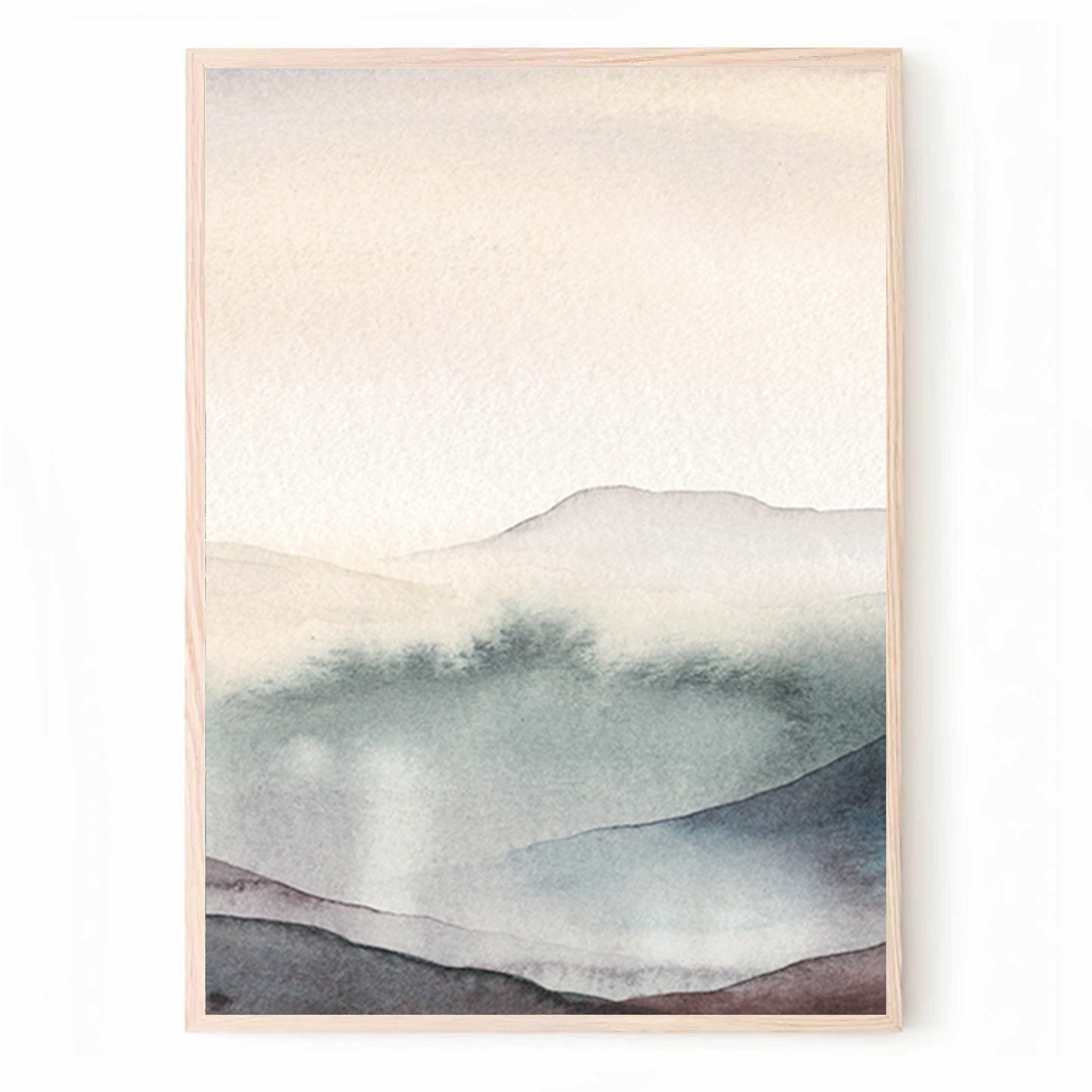 Trendy Watercolor Art Set with Mountains in Pastel Beige Gray Colors