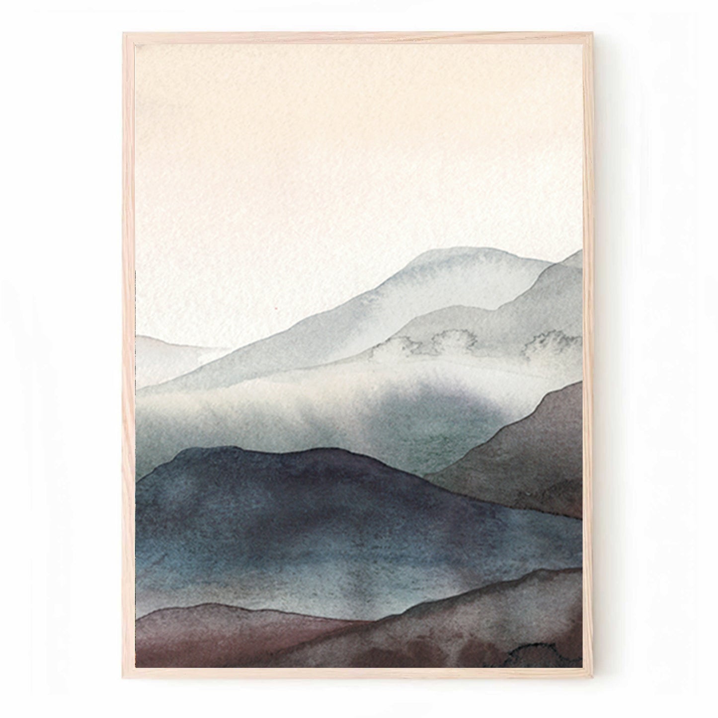 Trendy Watercolor Art Set with Mountains in Pastel Beige Gray Colors