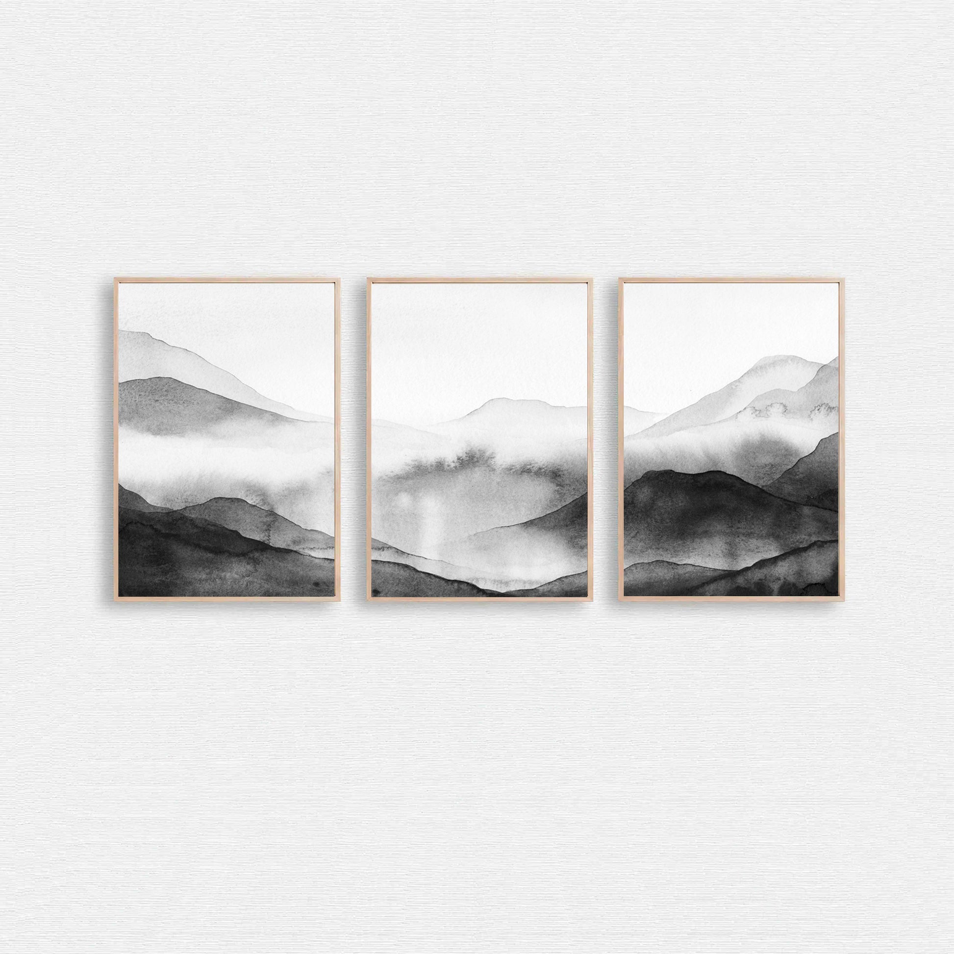 Abstract watercolor mountain valley 3 piece wall art.