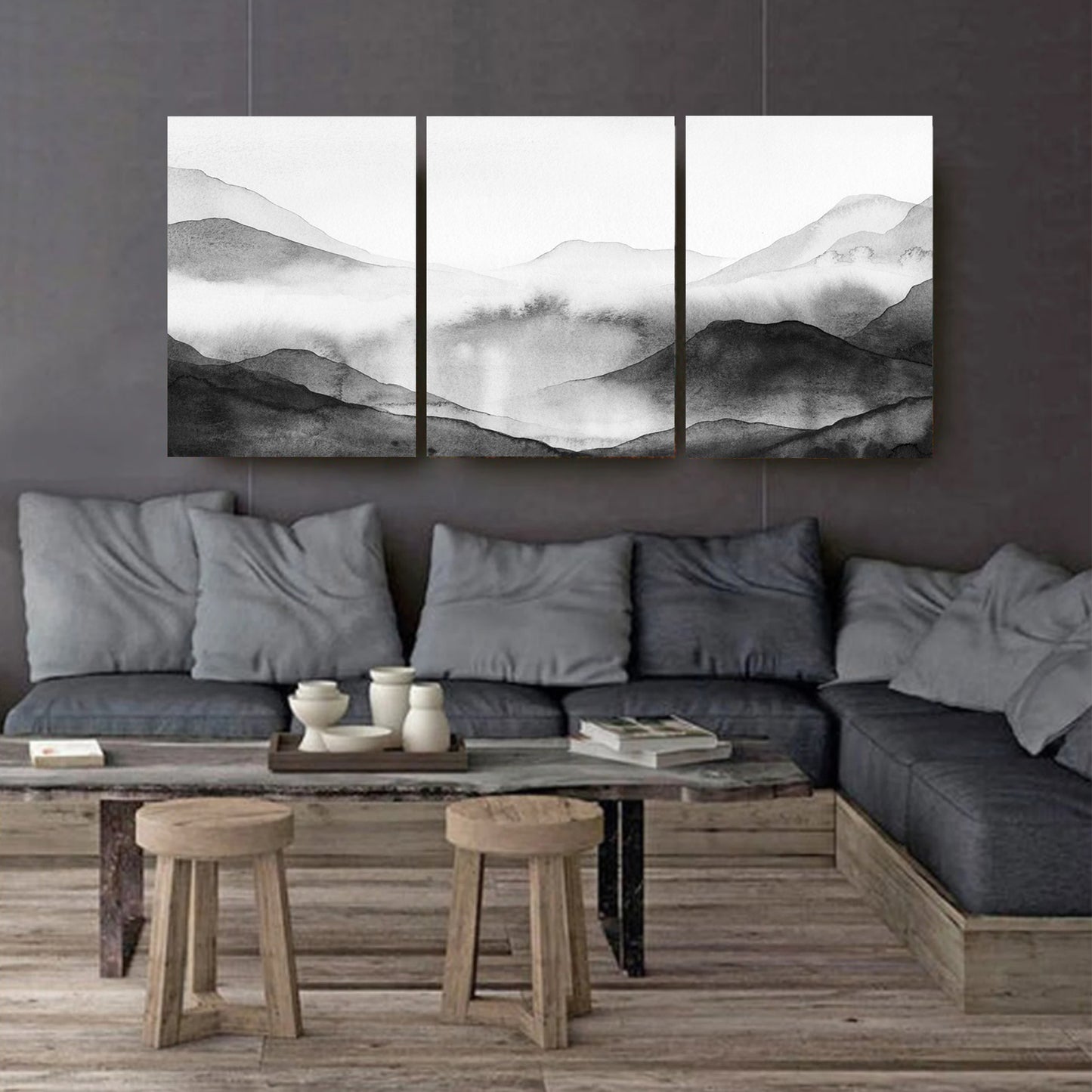 Watercolor mountain valley canvas wall art on dark wall.