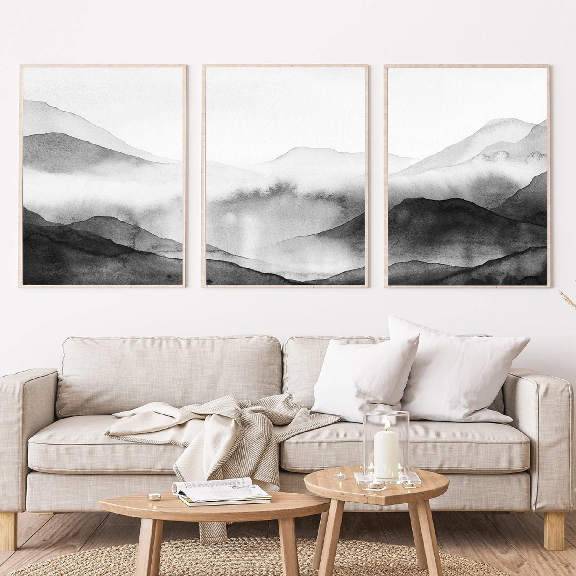 Misty mountain watercolor triptych.