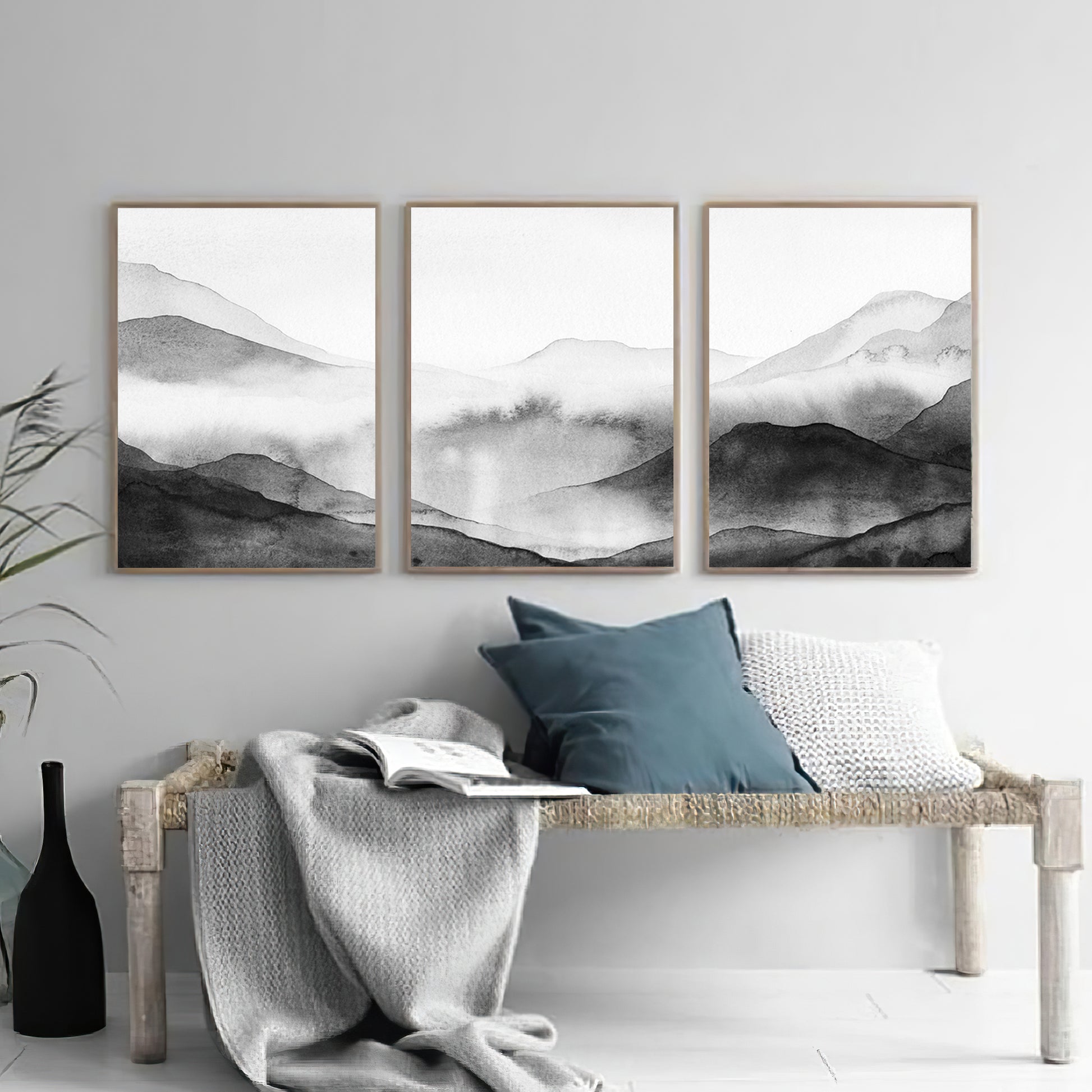 Misty mountain watercolor set in Scandinavian style interior.