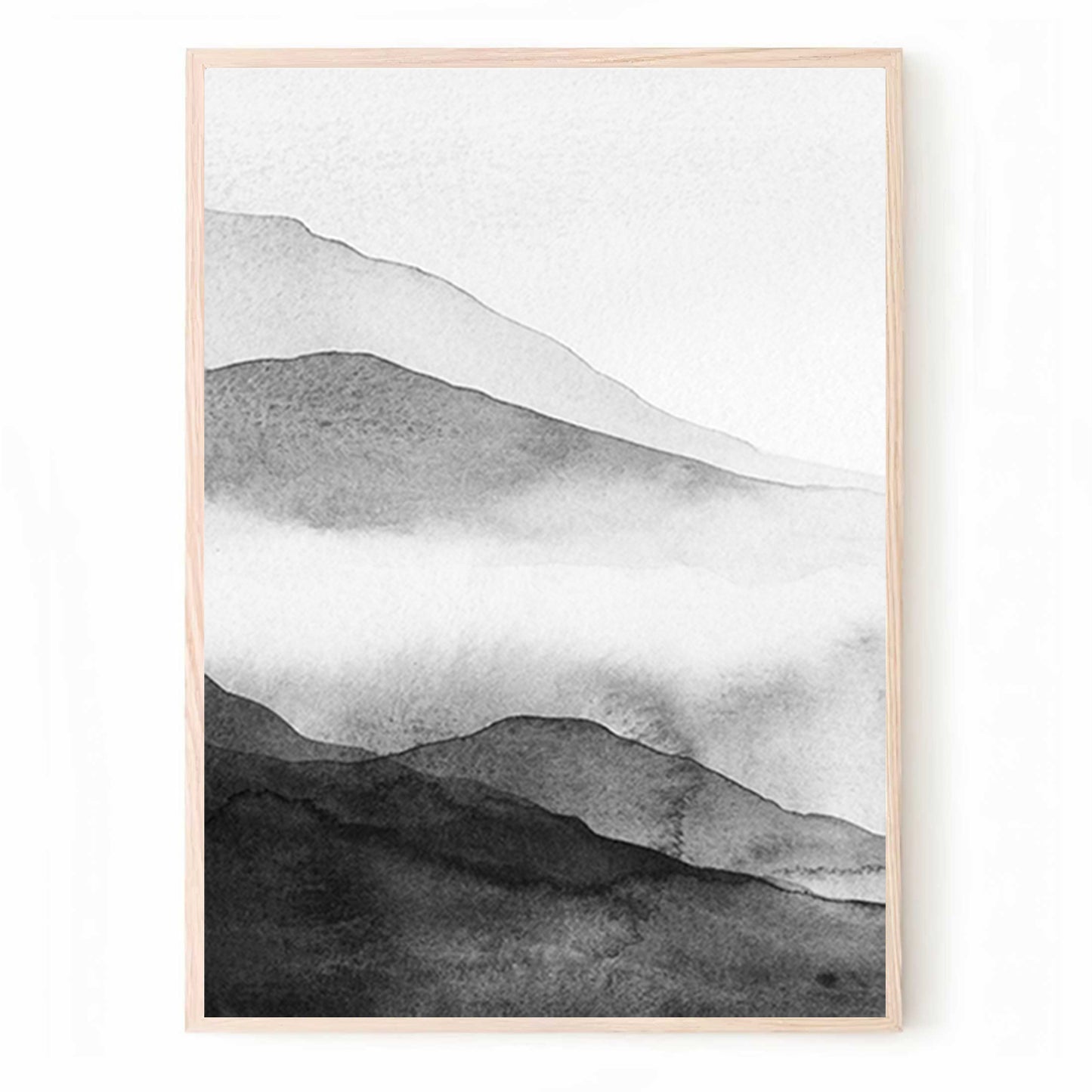 Trendy Watercolor Art Set with Mountain Valley in Black & White Colors