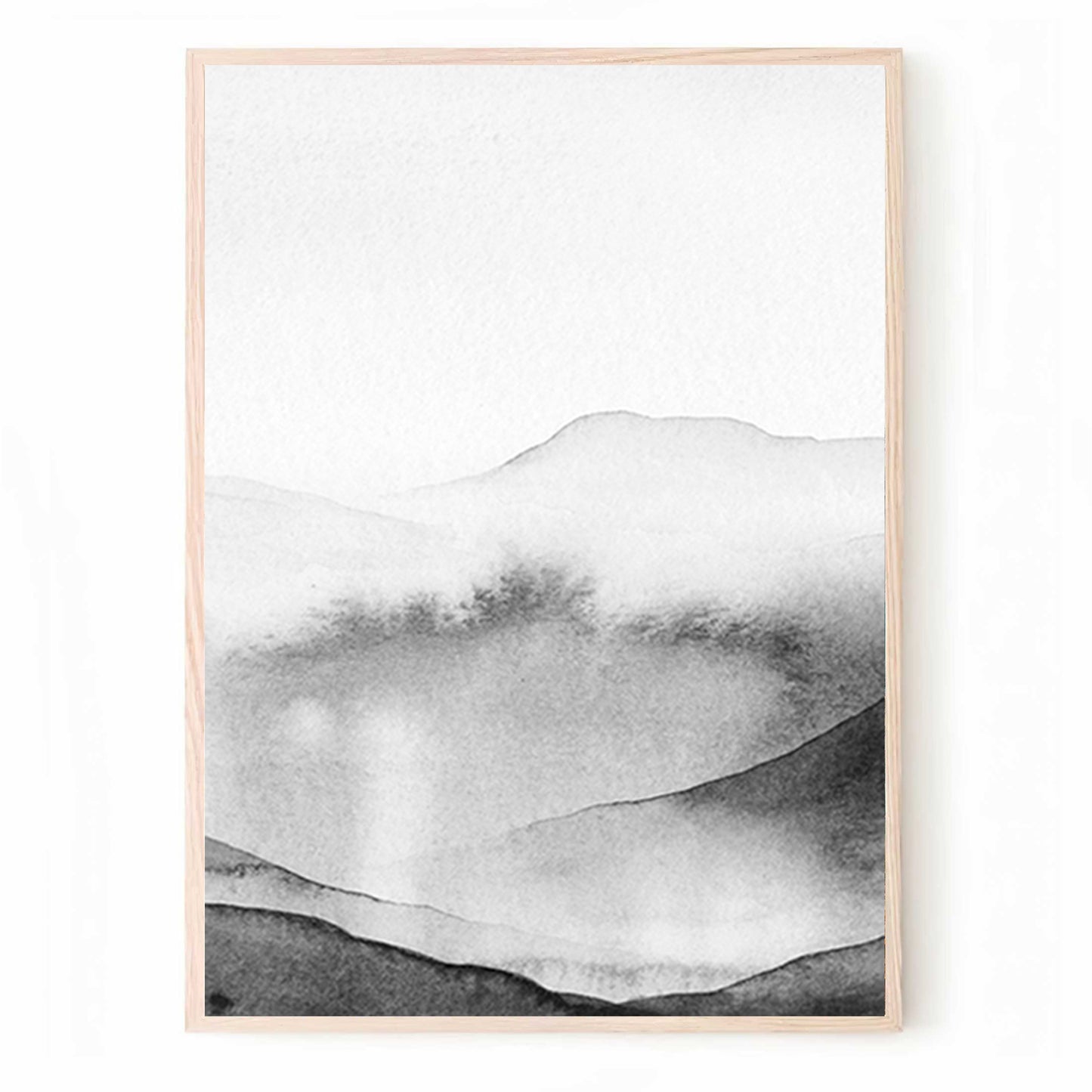 Trendy Watercolor Art Set with Mountain Valley in Black & White Colors