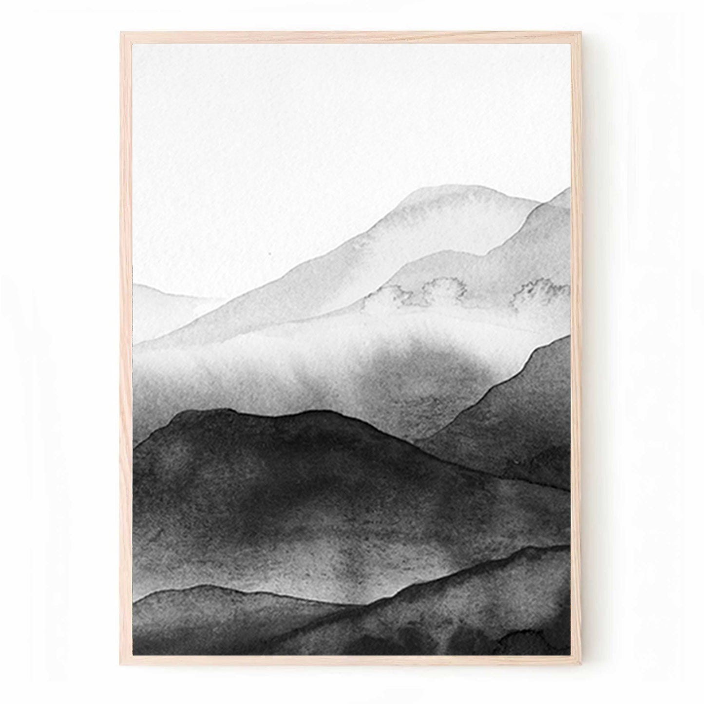 Trendy Watercolor Art Set with Mountain Valley in Black & White Colors