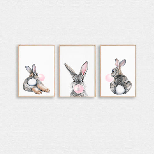 Set of 3 Bunny with bubblegum wall art.