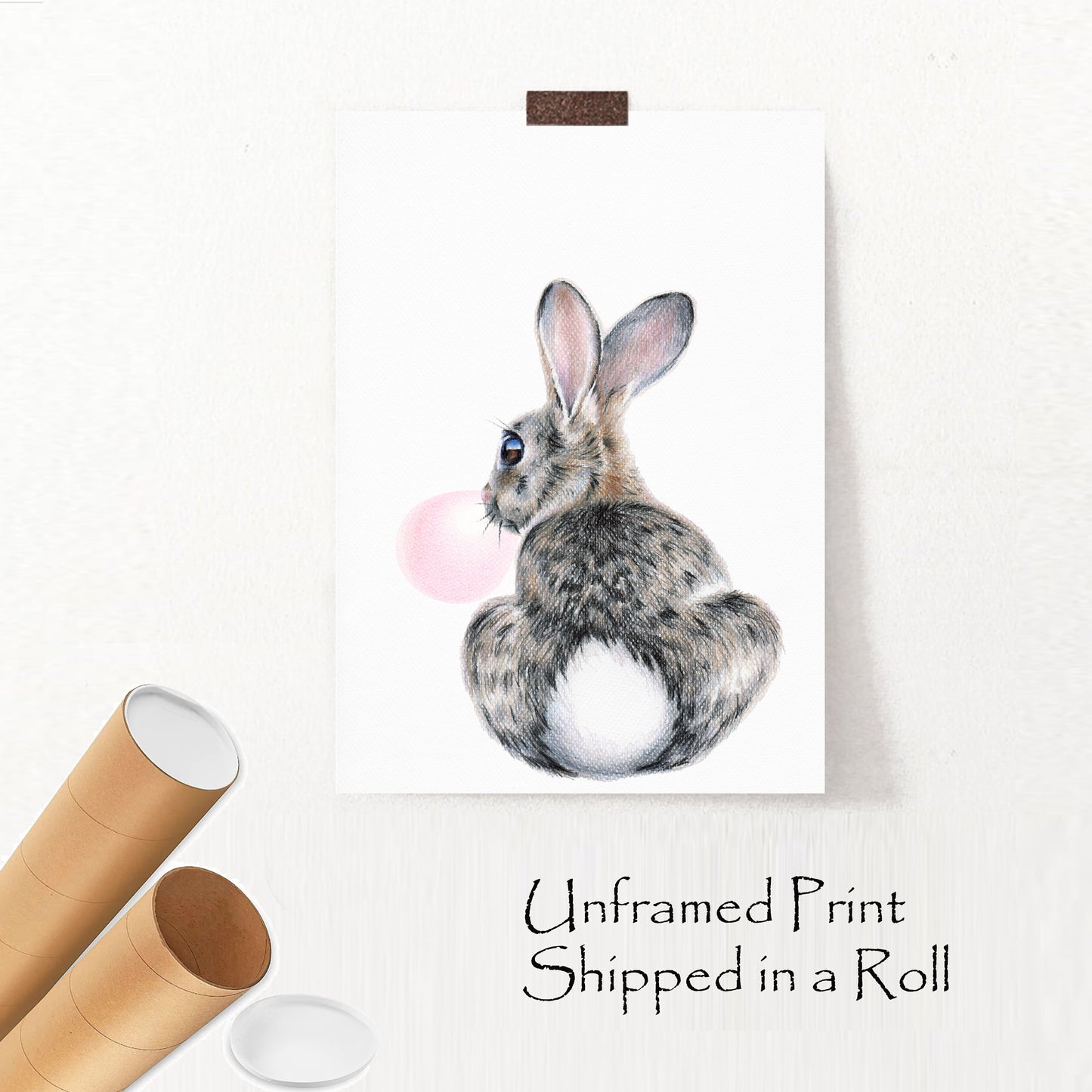 Unframed print with baby rabbit with bubblegum.