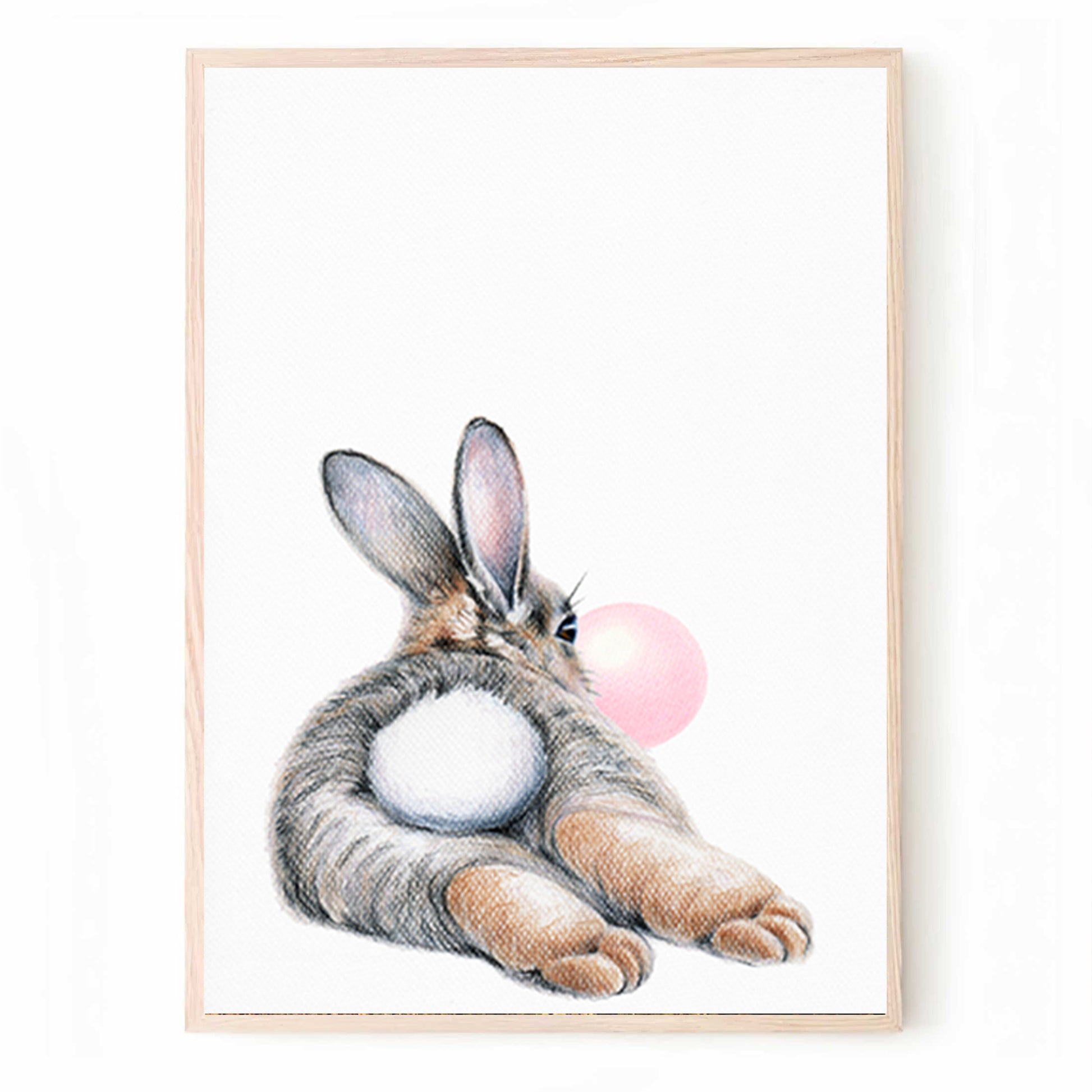 Bunny with a fluffy tail and bubblegum print.