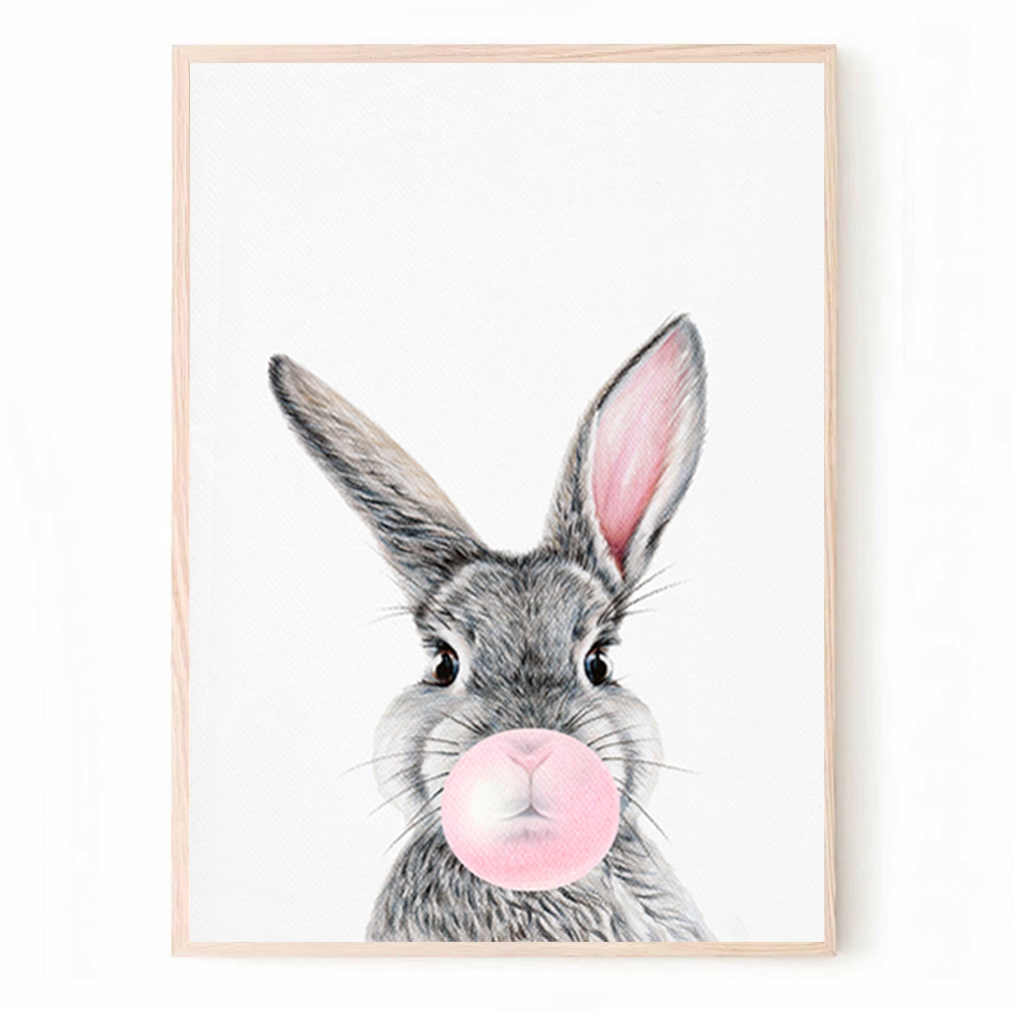 Bunny face with a pink bubblegum print.