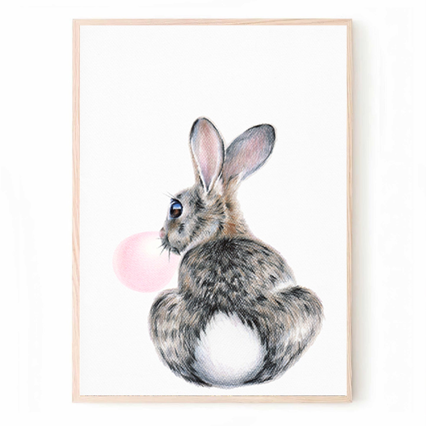 Bunny with a fluffy tail and pink bubblegum print.