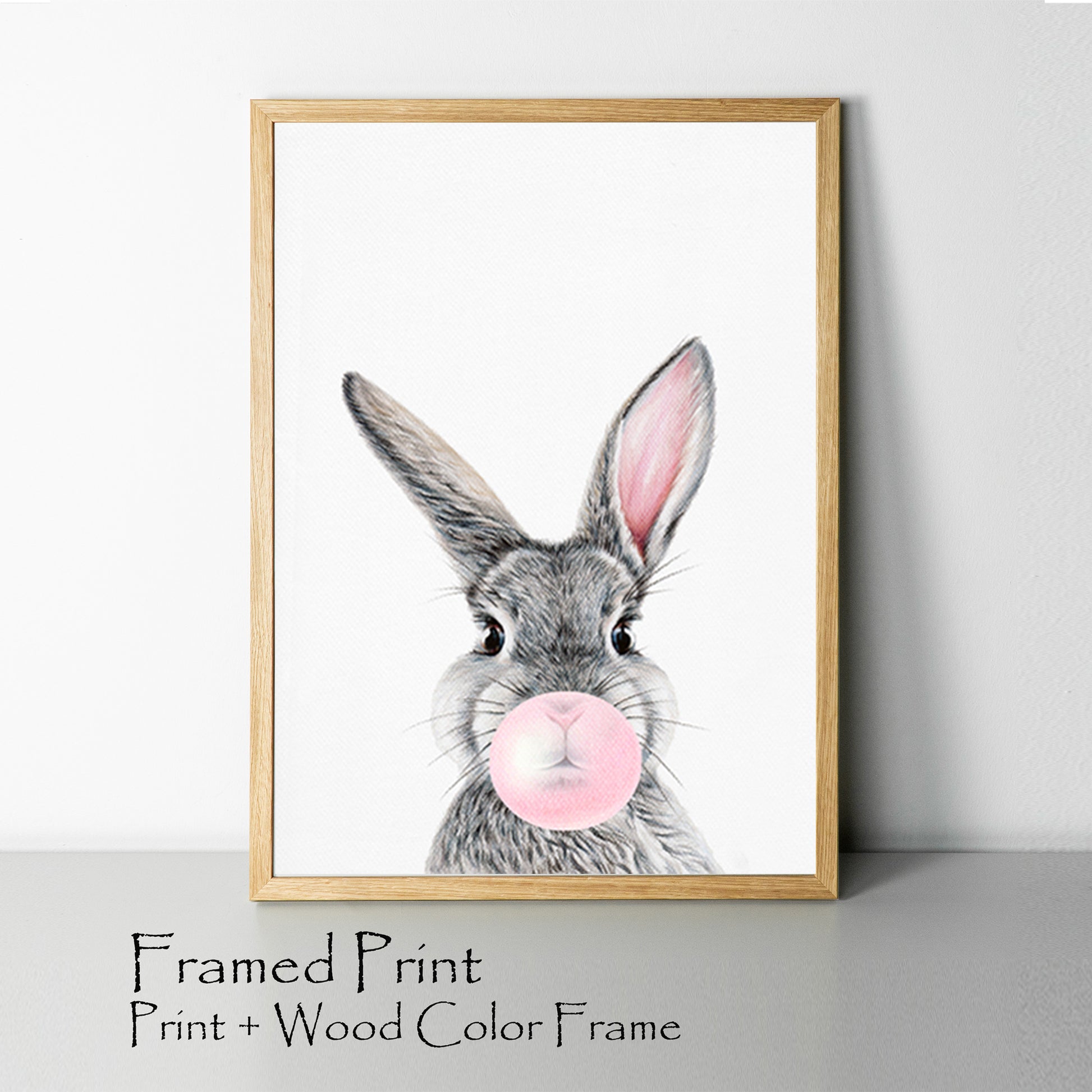 Framed print with baby rabbit with bubblegum.