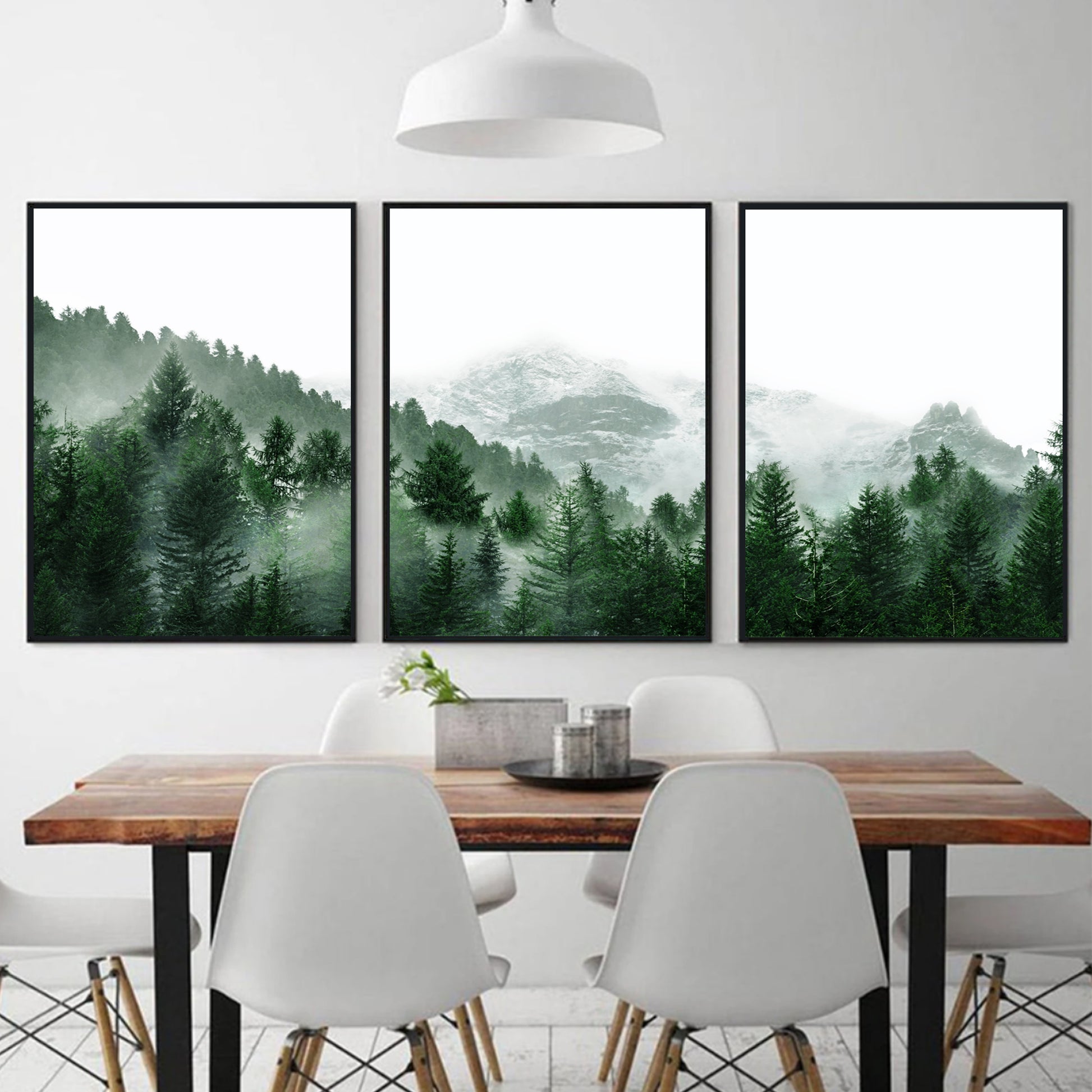 Green forest triptych in black color frames.