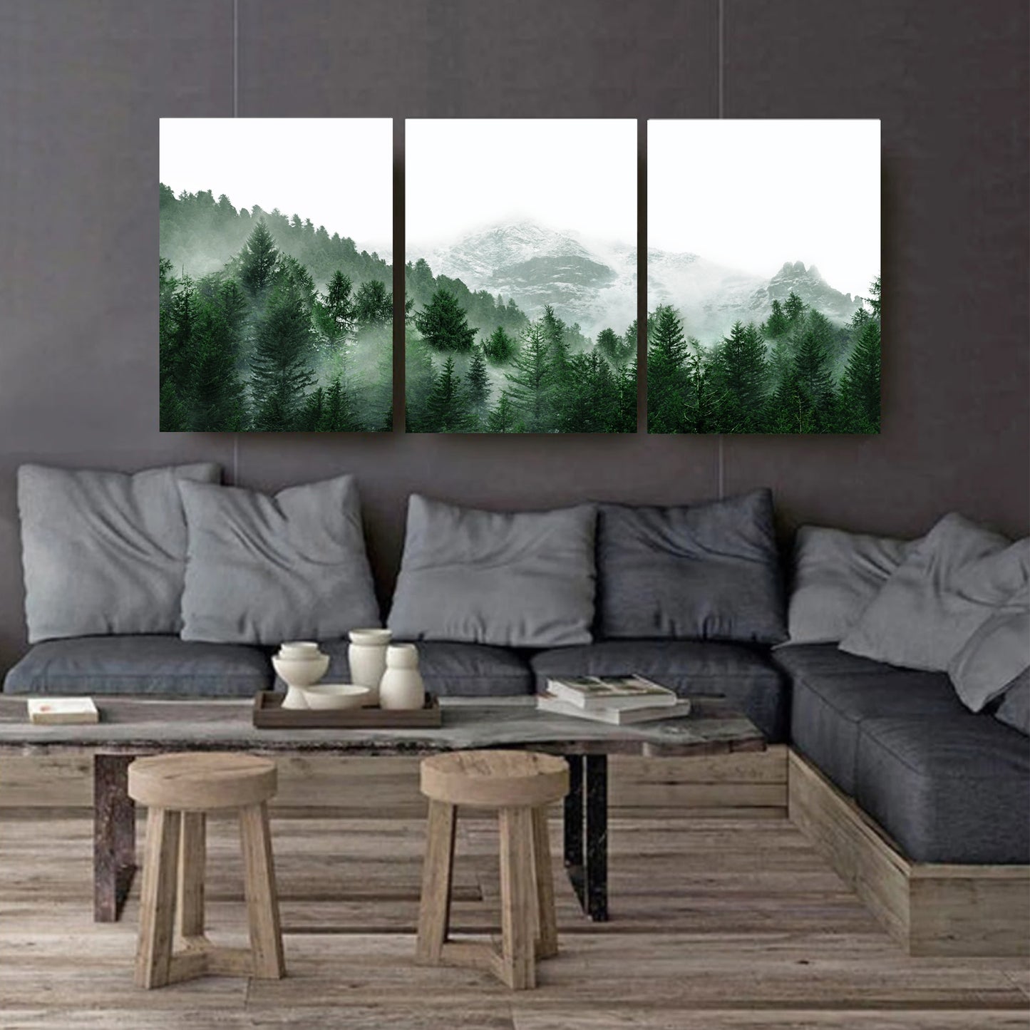 Green forest canvas triptych against a dark wall. 