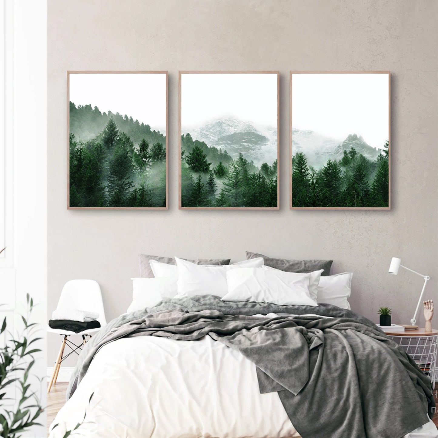 Green forest triptych in the bedroom.