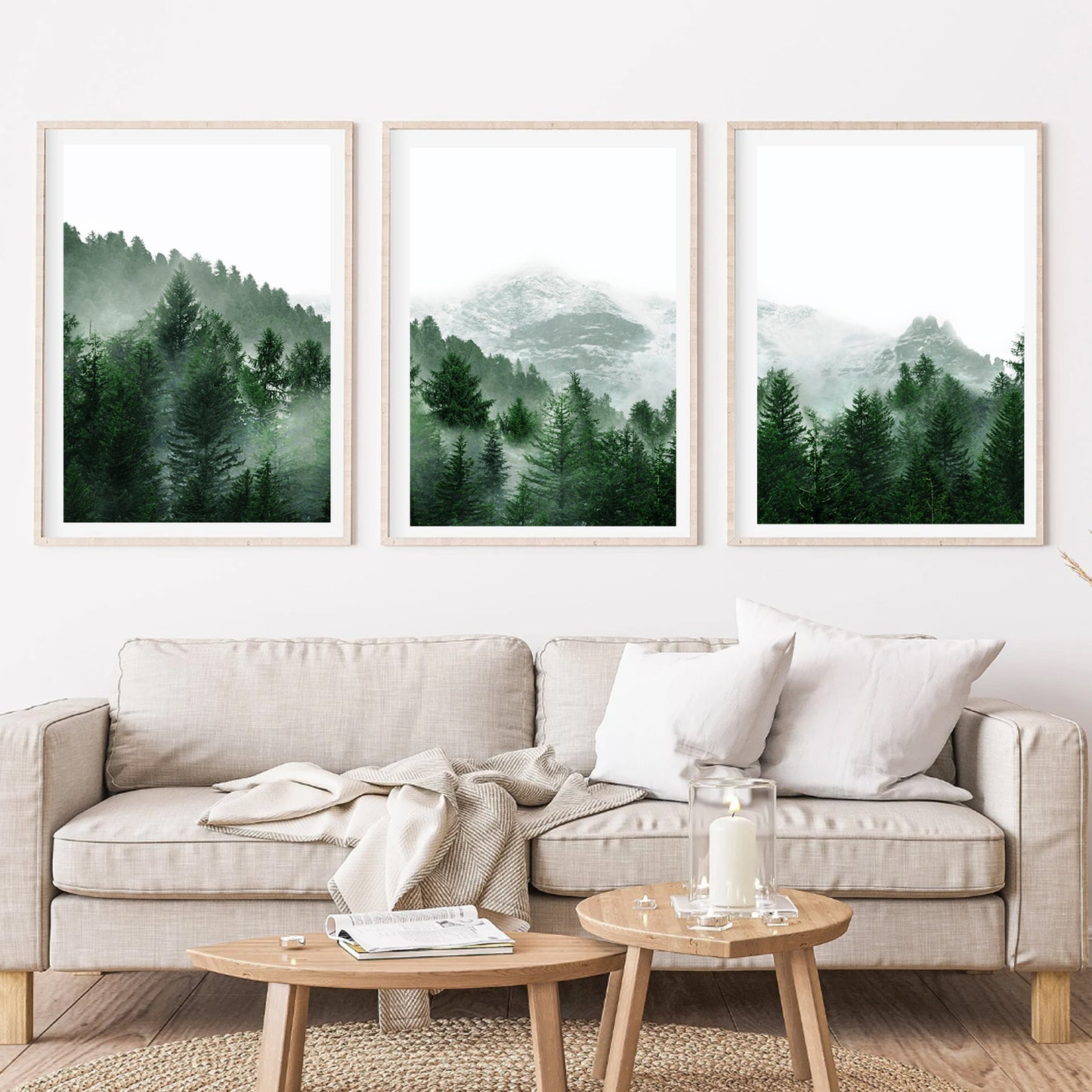 Triptychon „Grüner Wald“ | 3-teiliges Wandbild „Neblige Berglandschaft“