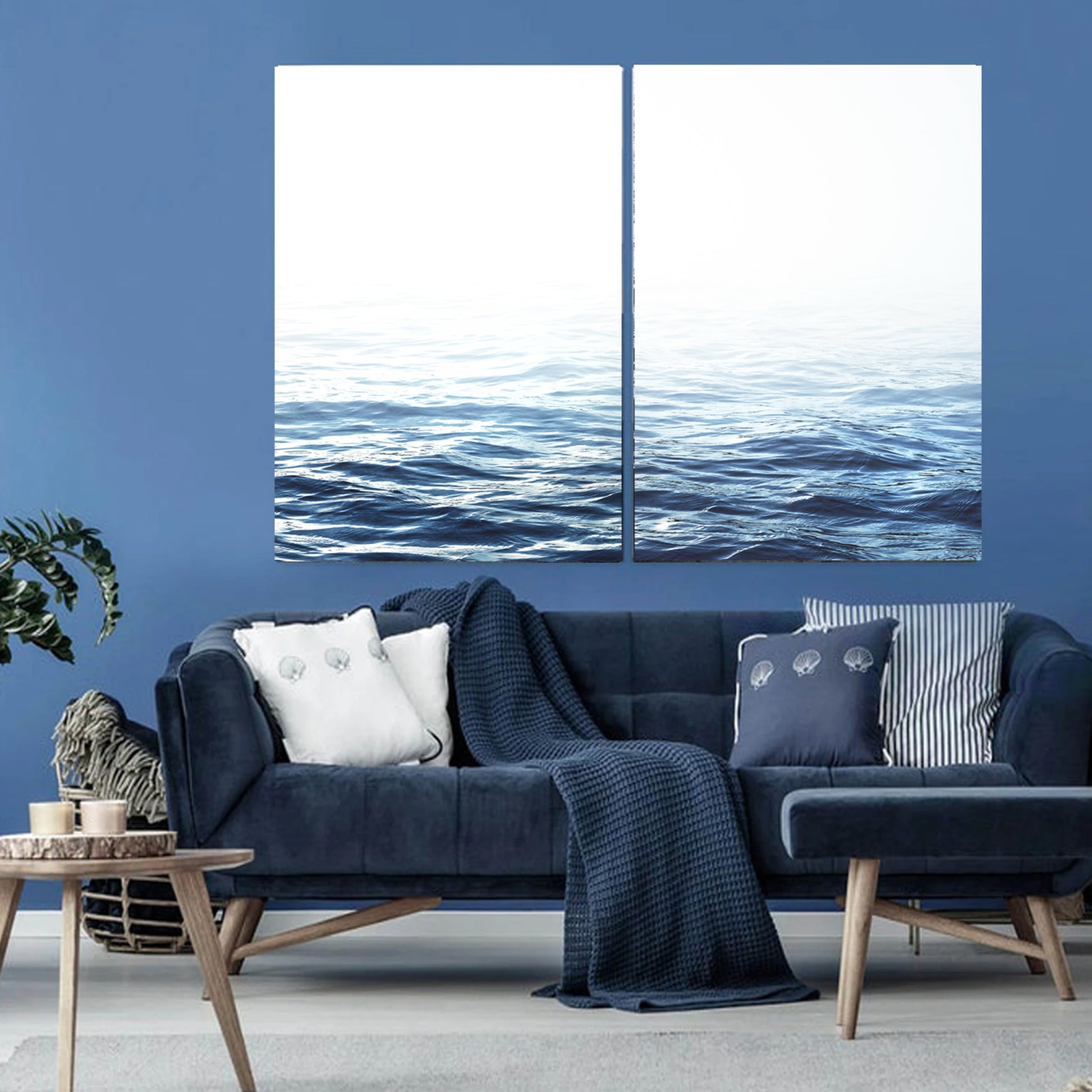 Ocean two panel canvas in a blue interior.