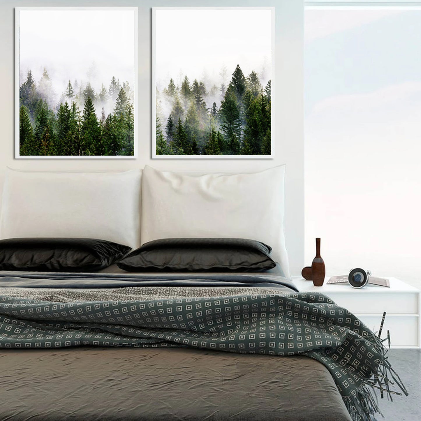 Foggy forest wall art in bedroom.